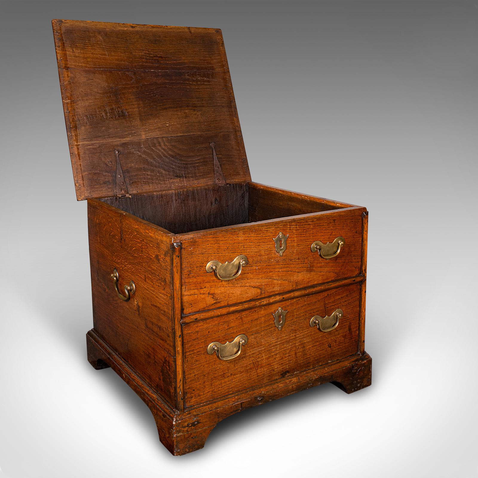 This is an antique storage chest. An English, oak fireside bin or bedside box, dating to the Georgian period and later, circa 1780.

Usefully proportioned chest with versatile covered interior
Displays a desirable aged patina and in good order
