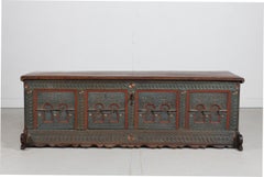 Antique Storage Chest of Oak with Wood Carvings + Handpaint, Early 19th Century