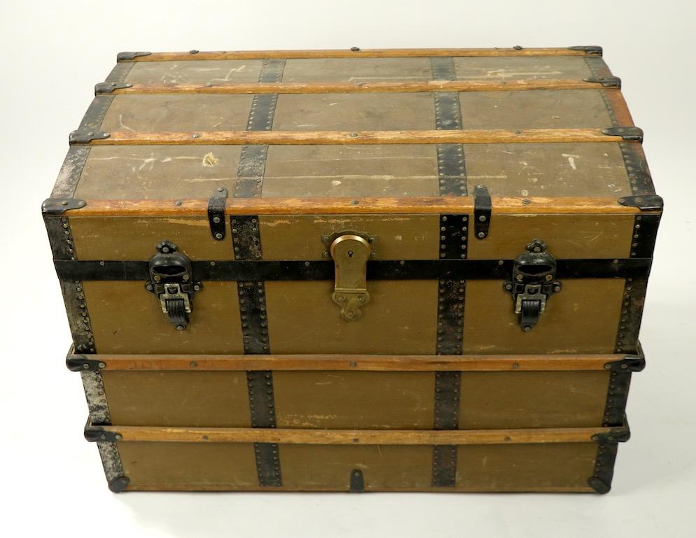 Antique 19th century trunk, with original interior. This trunk has the original owners name stenciled on the side Mrs. Edward S. Spencer Saratoga NY. The trunk is missing the key, it is not currently locked.
Useful as storage, or as a display or
