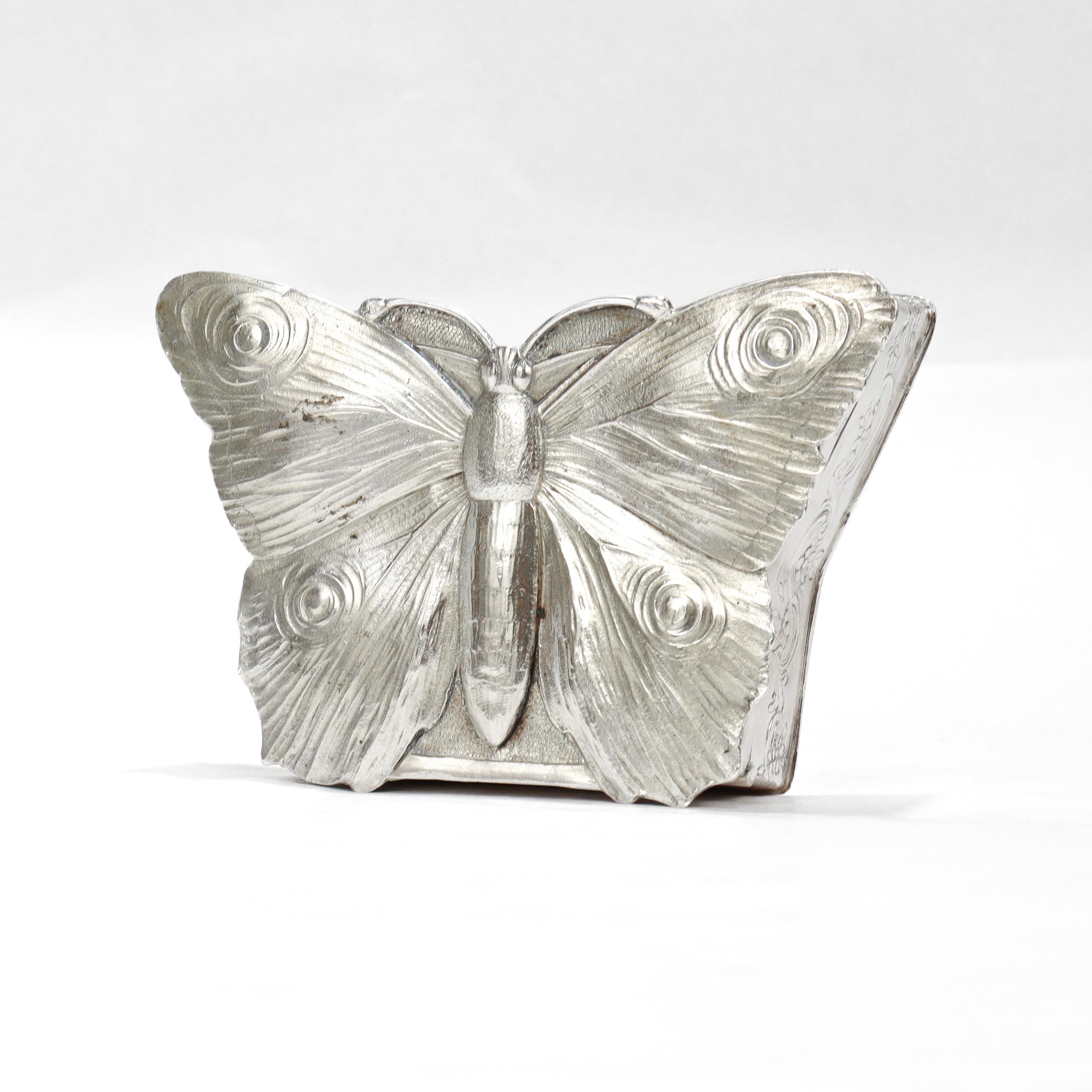 Edwardian Antique Storck & Sinsheimer Figural Butterfly 800 Solid Silver Dresser Box For Sale