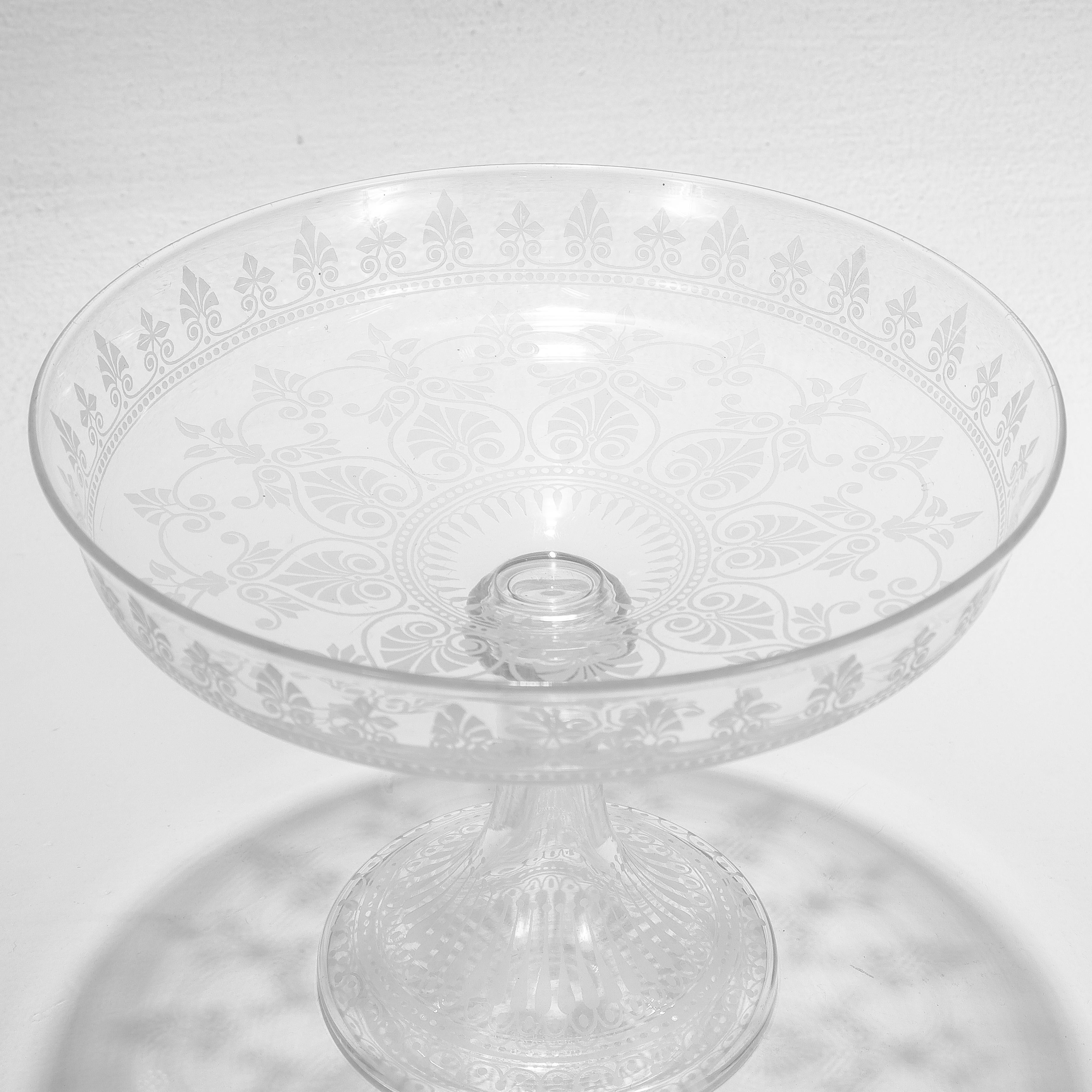 Antique Stourbridge Etched & Engraved Glass Footed Compote or Tazza For Sale 4