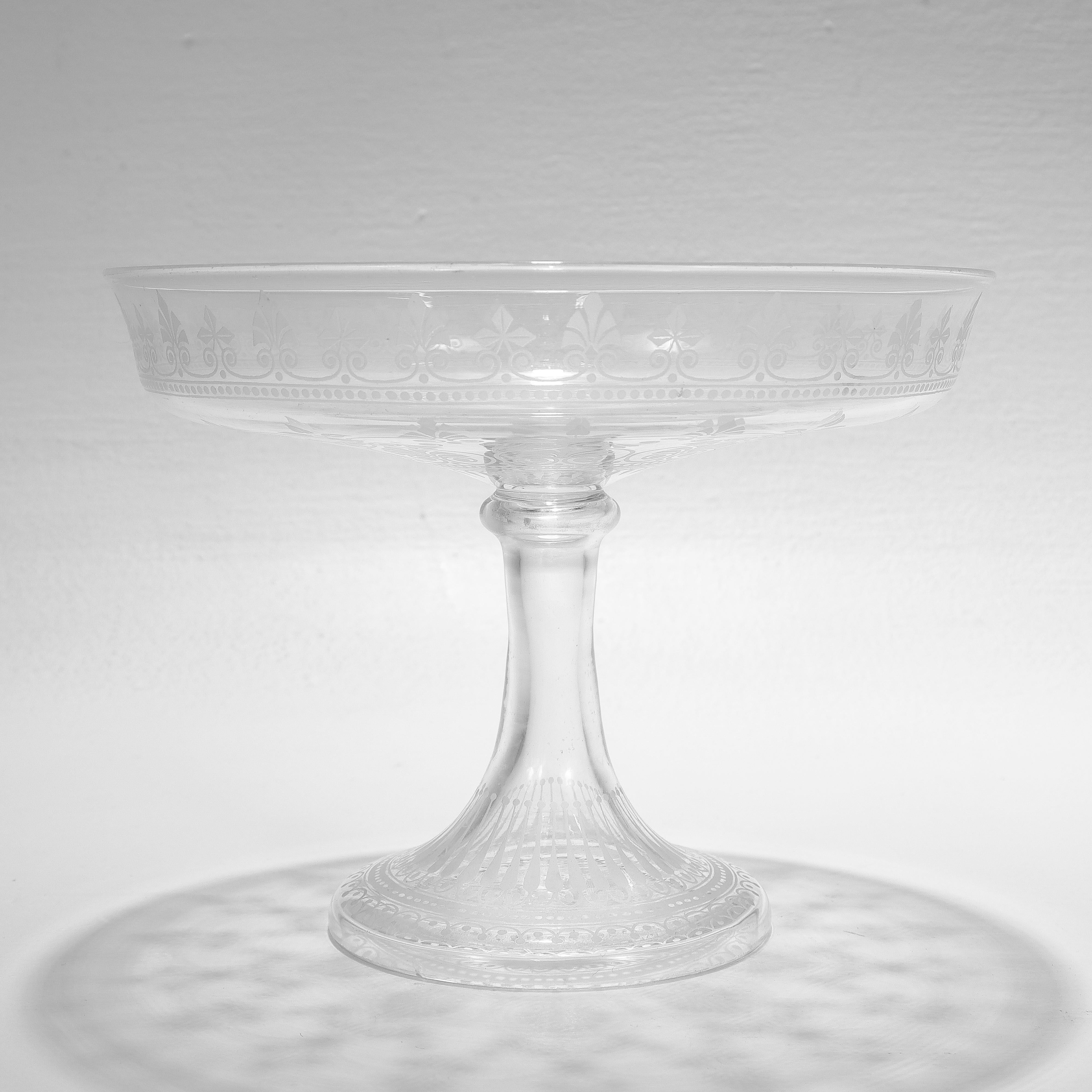 20th Century Antique Stourbridge Etched & Engraved Glass Footed Compote or Tazza For Sale