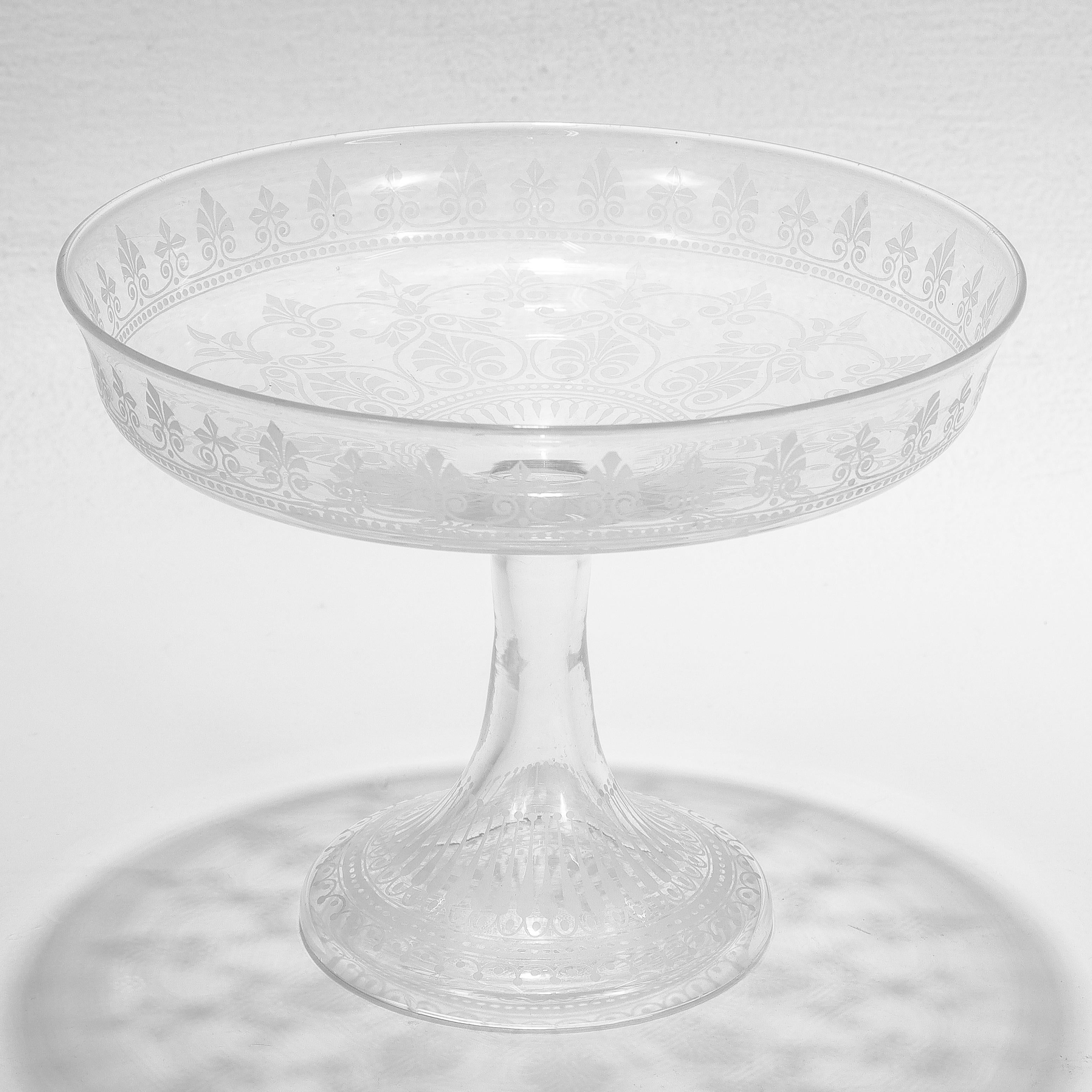 Antique Stourbridge Etched & Engraved Glass Footed Compote or Tazza For Sale 1