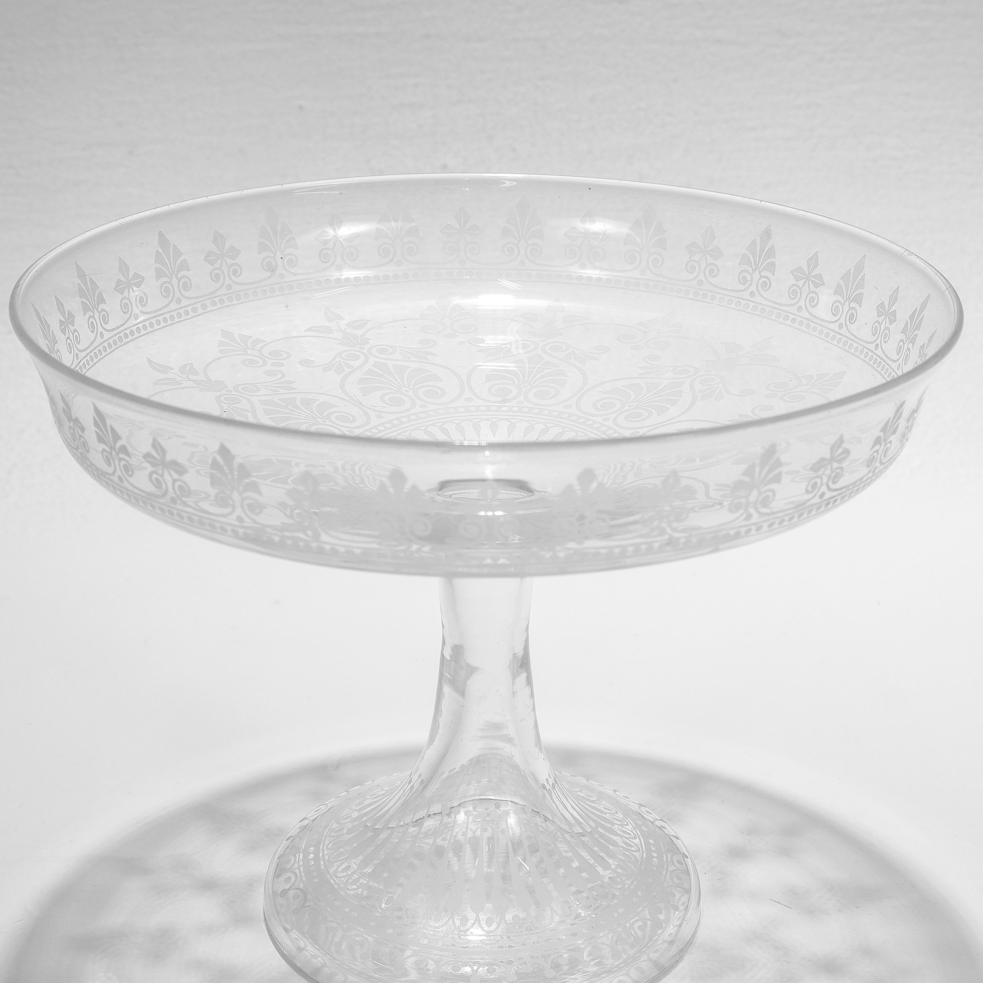 Antique Stourbridge Etched & Engraved Glass Footed Compote or Tazza For Sale 2
