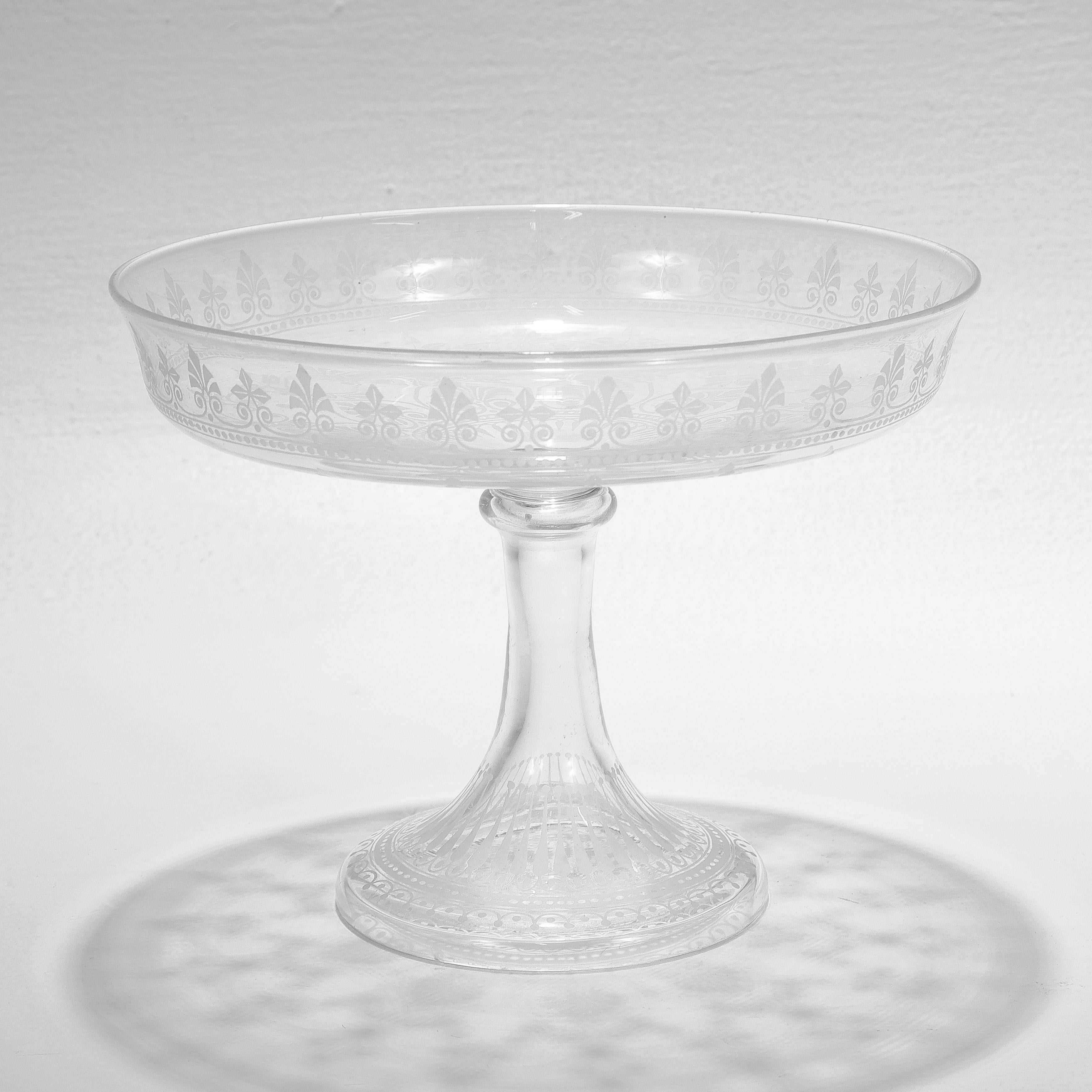 Antique Stourbridge Etched & Engraved Glass Footed Compote or Tazza For Sale 3