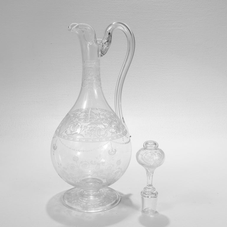 Antique Stourbridge Etched and Engraved Glass Handled Decanter For Sale