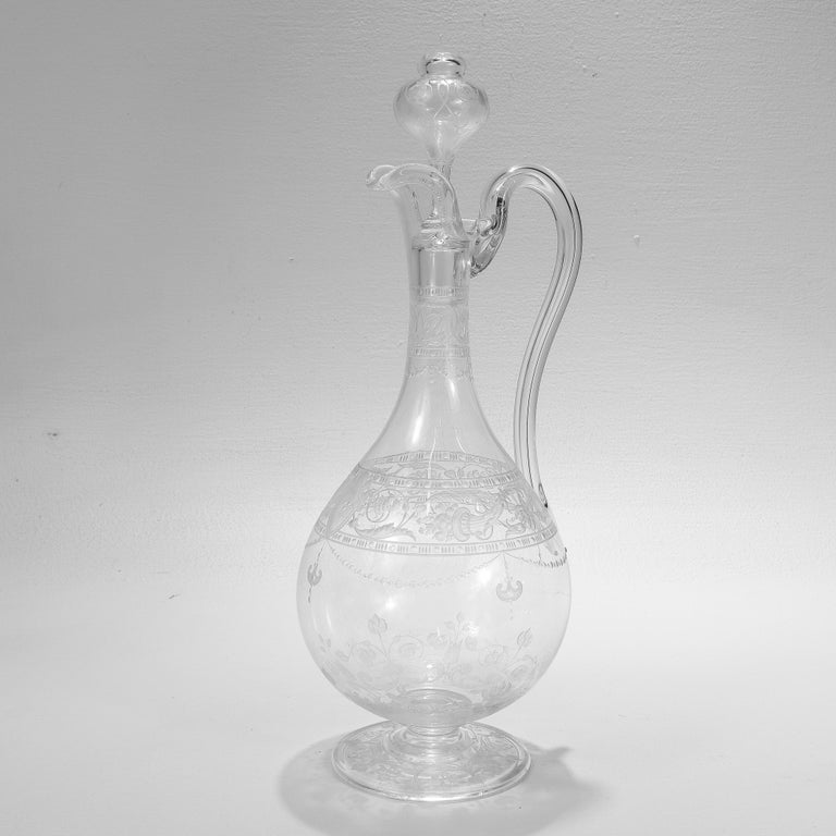 Antique Stourbridge Etched and Engraved Glass Handled Decanter For Sale