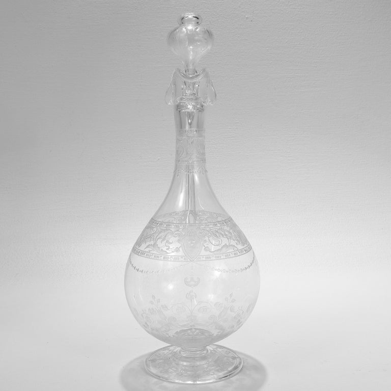 Antique Stourbridge Etched and Engraved Glass Handled Decanter For Sale at 1stDibs