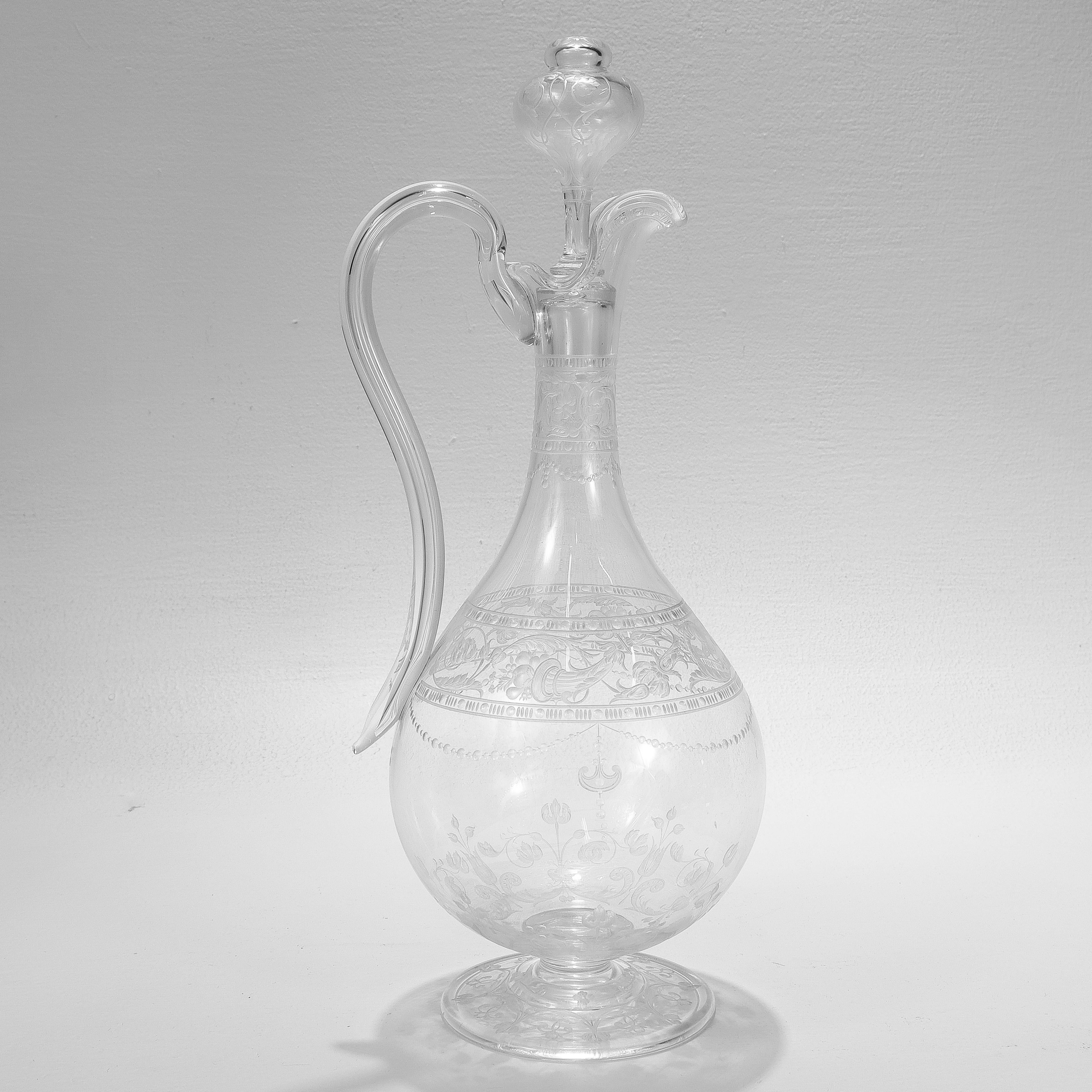 Victorian Antique Stourbridge Etched & Engraved Glass Handled Decanter For Sale