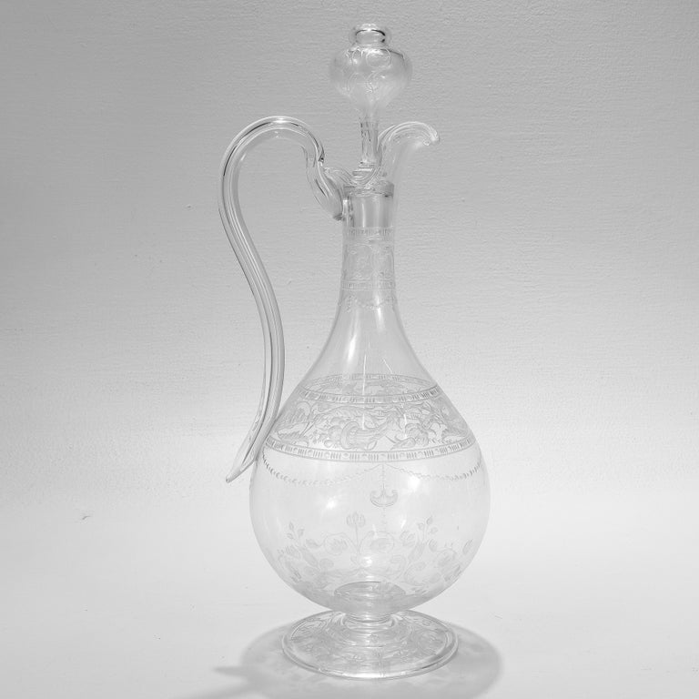 Antique Stourbridge Etched and Engraved Glass Handled Decanter For Sale