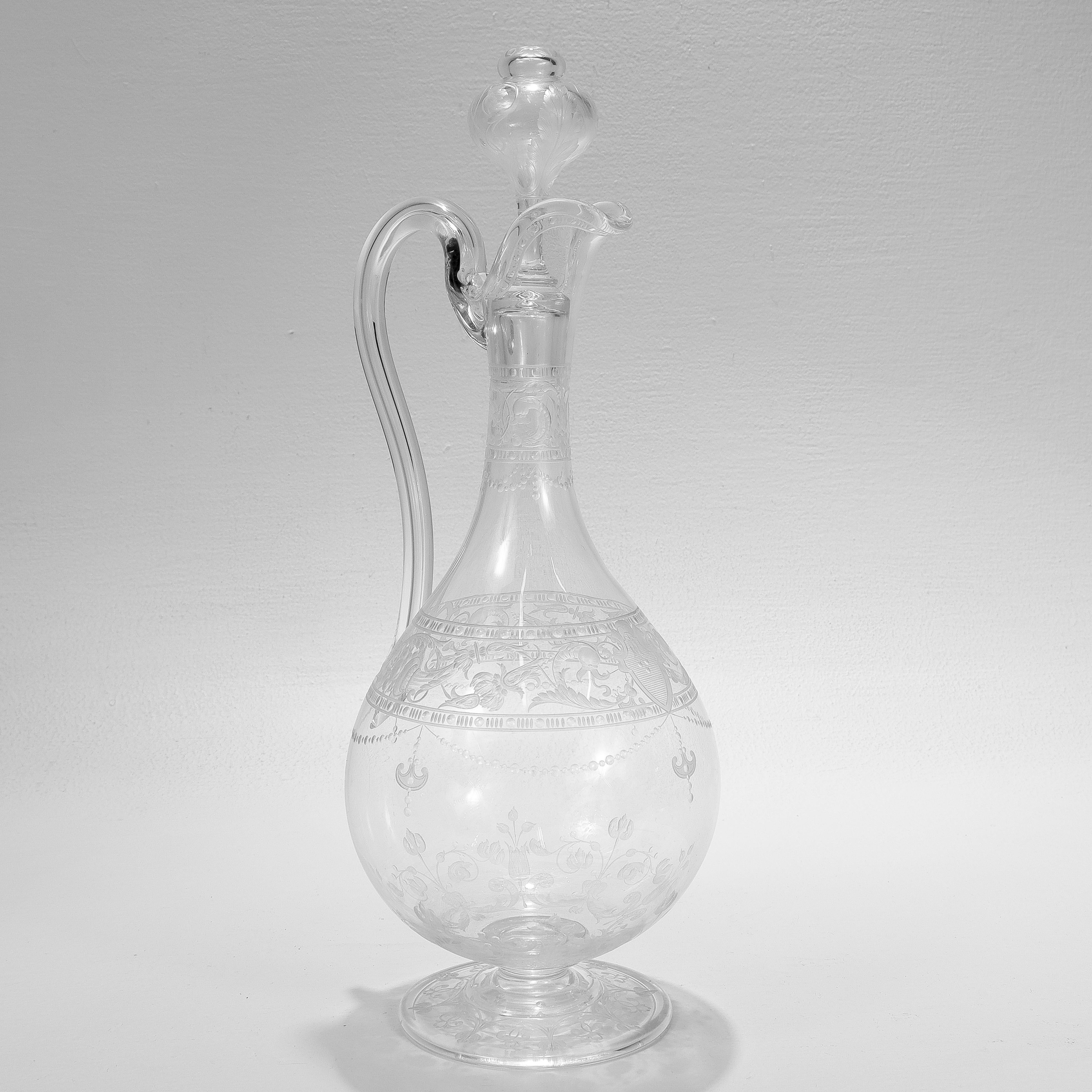 English Antique Stourbridge Etched & Engraved Glass Handled Decanter For Sale