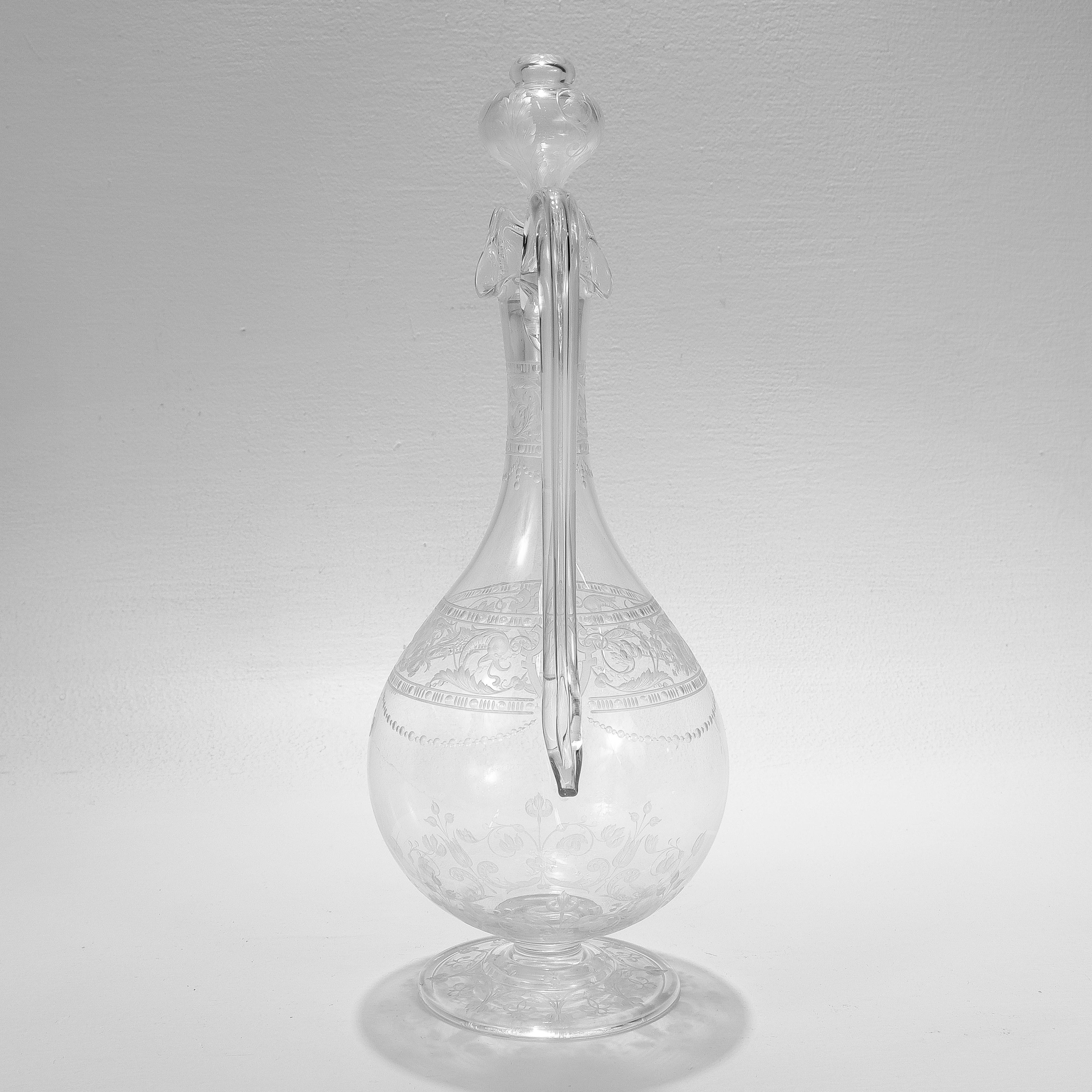 Antique Stourbridge Etched & Engraved Glass Handled Decanter In Good Condition For Sale In Philadelphia, PA