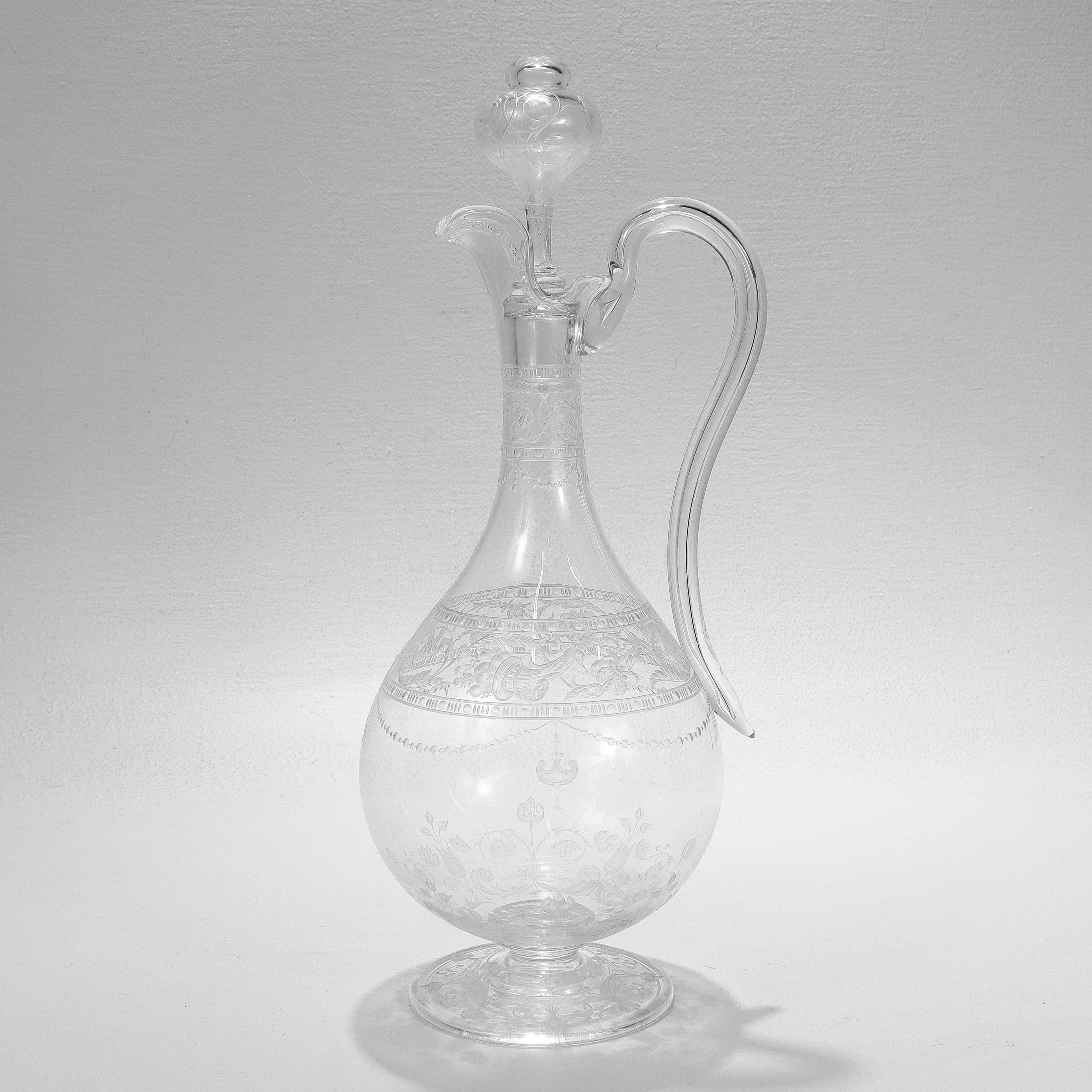 20th Century Antique Stourbridge Etched & Engraved Glass Handled Decanter For Sale
