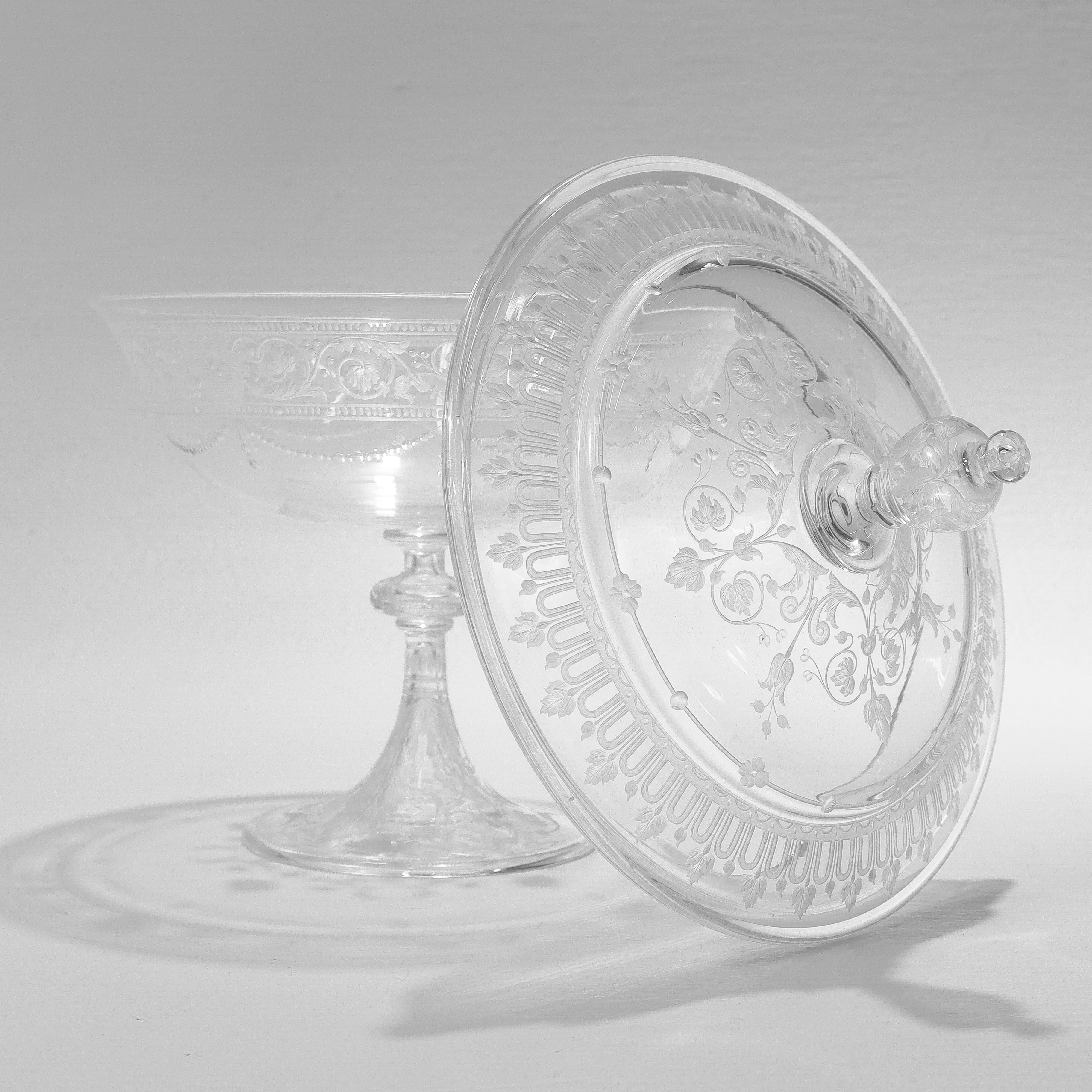 Victorian Antique Stourbridge Etched & Engraved Glass Lidded Compote 1 For Sale