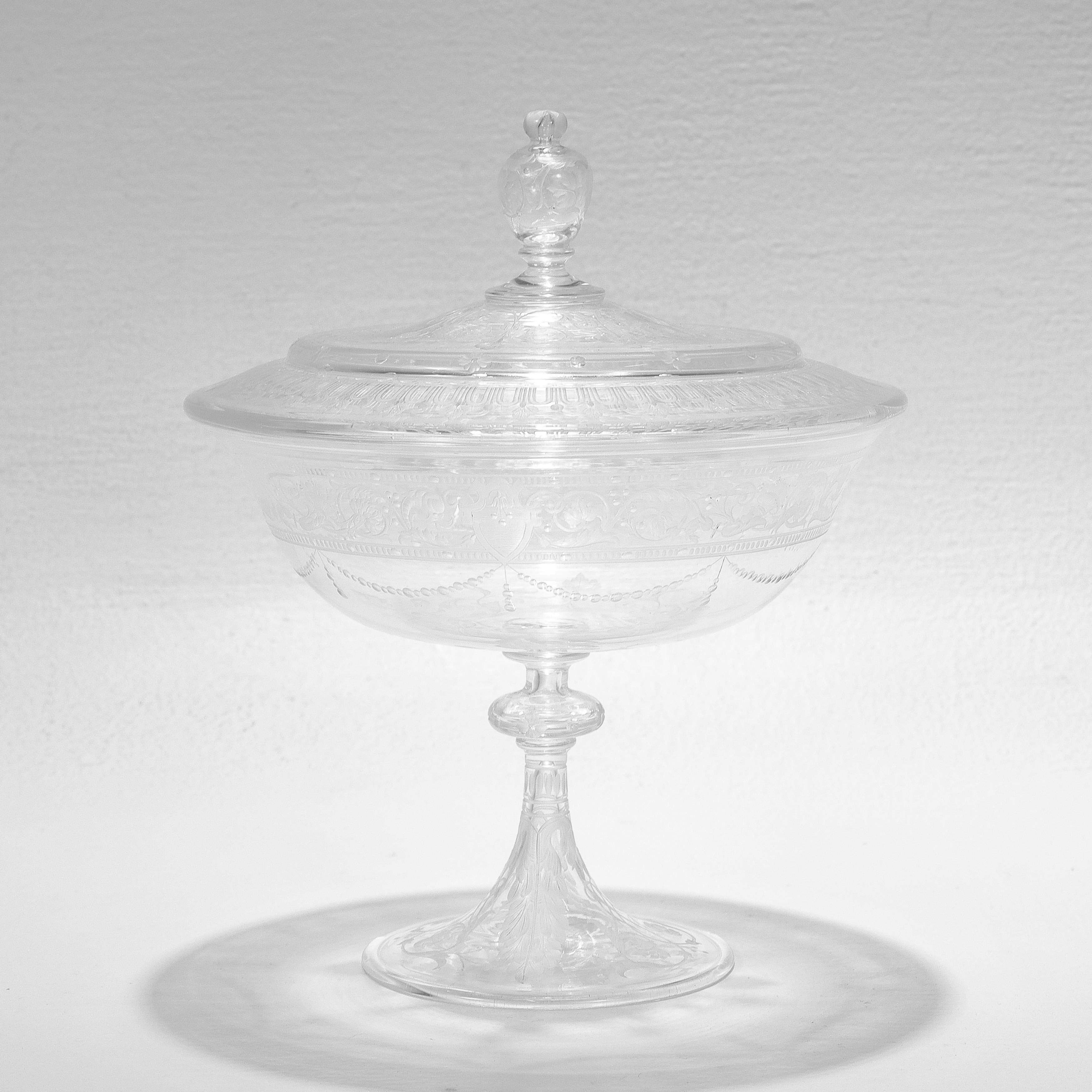 Antique Stourbridge Etched & Engraved Glass Lidded Compote 1 In Good Condition For Sale In Philadelphia, PA