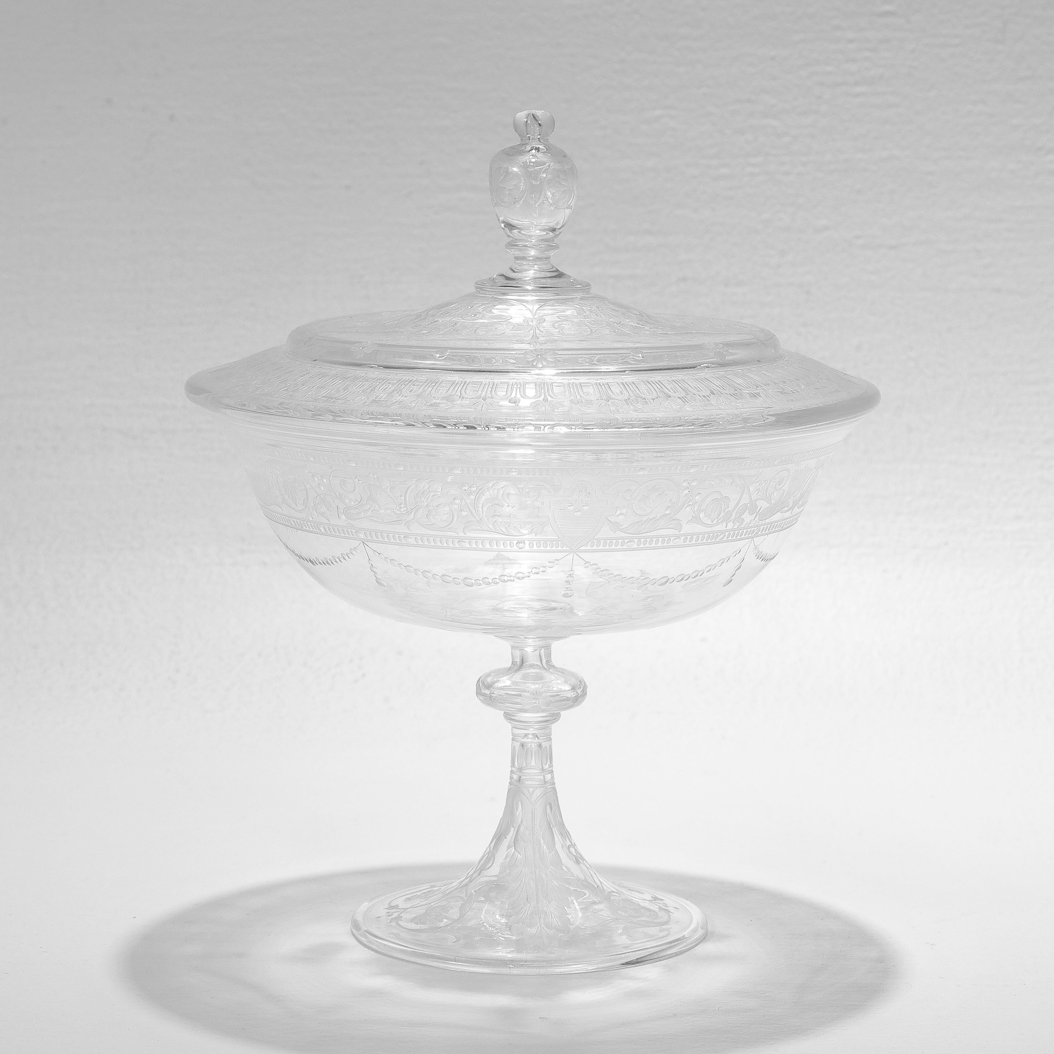 20th Century Antique Stourbridge Etched & Engraved Glass Lidded Compote 1 For Sale