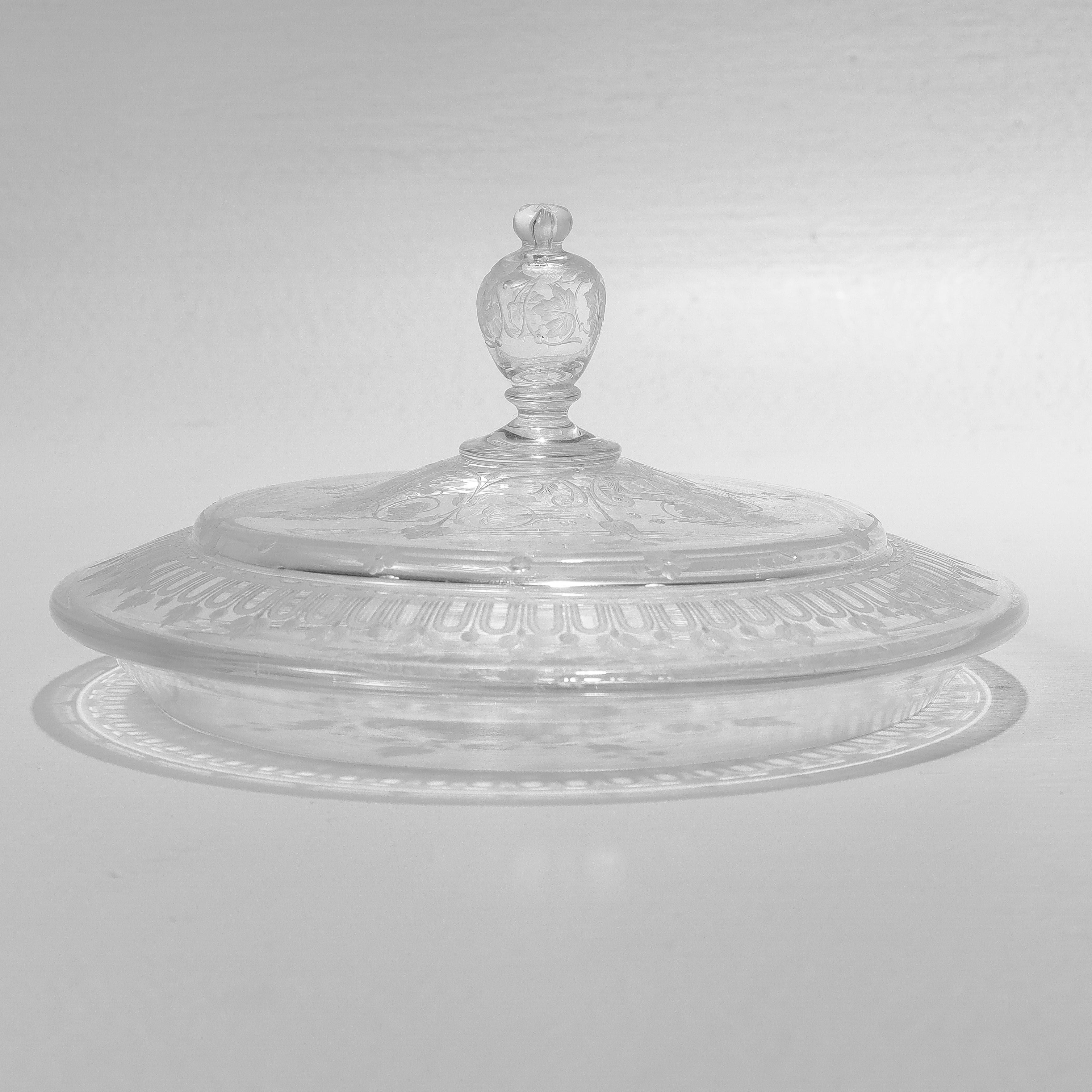 Antique Stourbridge Etched & Engraved Glass Lidded Compote 1 For Sale 2