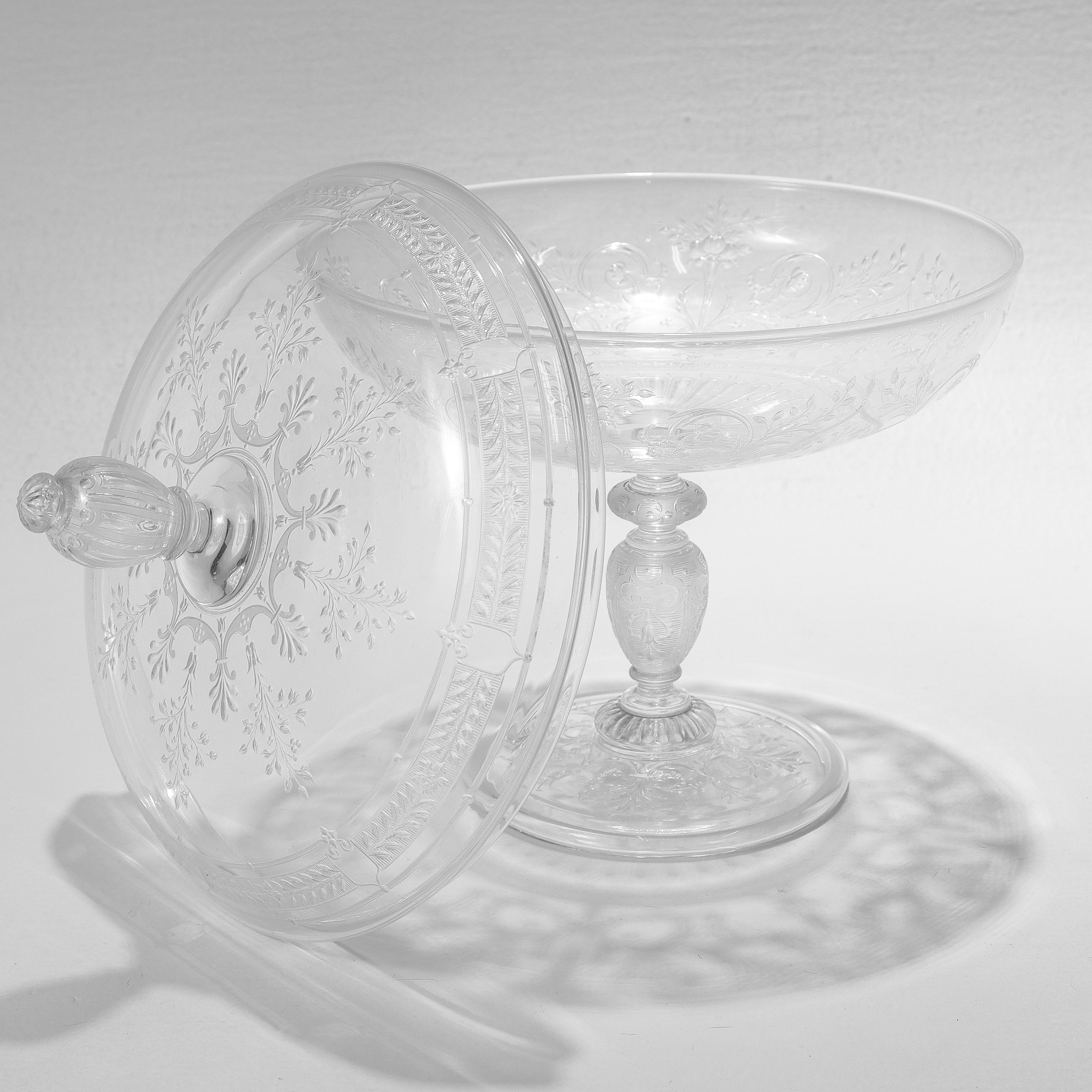 Victorian Antique Stourbridge Etched & Engraved Glass Lidded Compote or Tazza For Sale