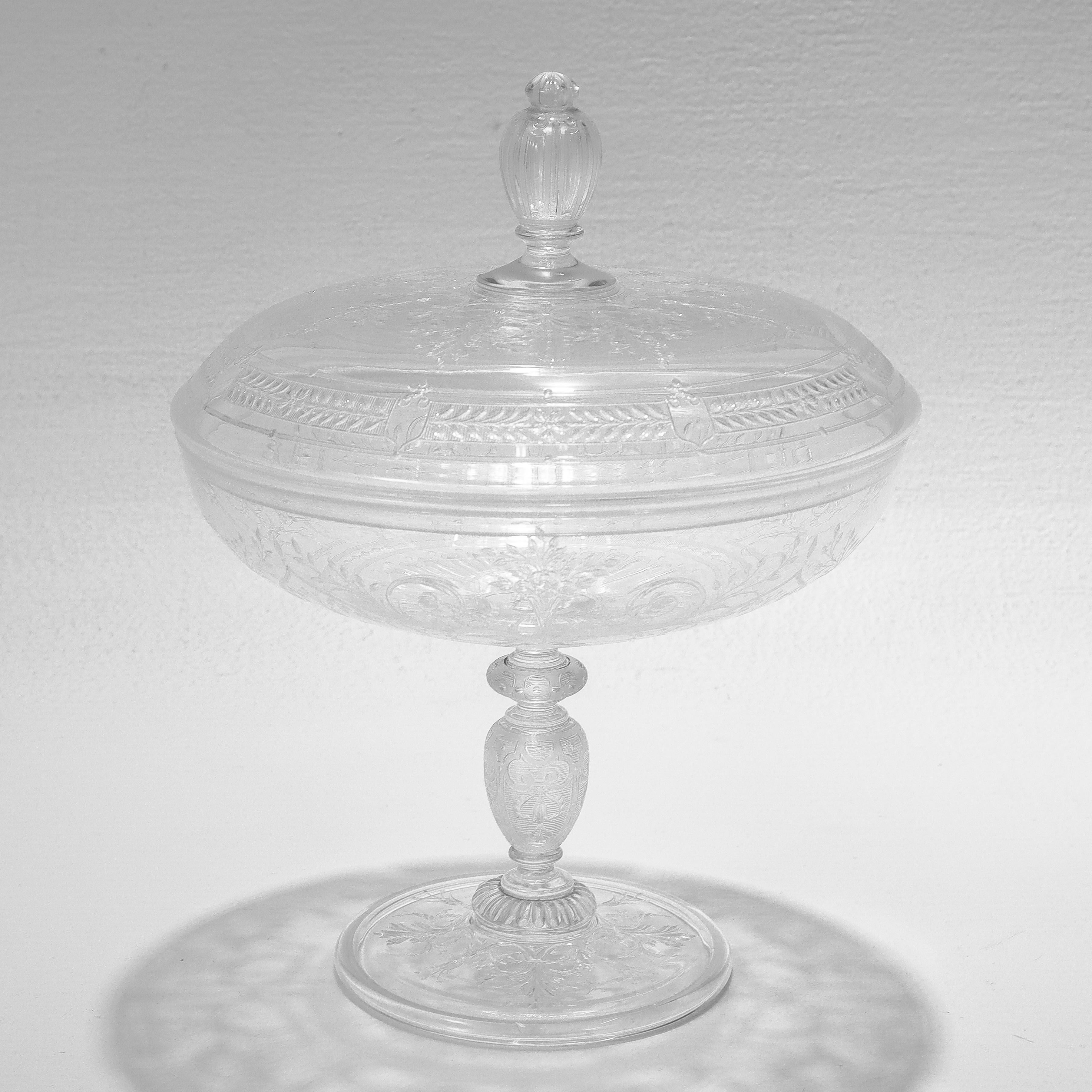 Antique Stourbridge Etched & Engraved Glass Lidded Compote or Tazza In Good Condition For Sale In Philadelphia, PA