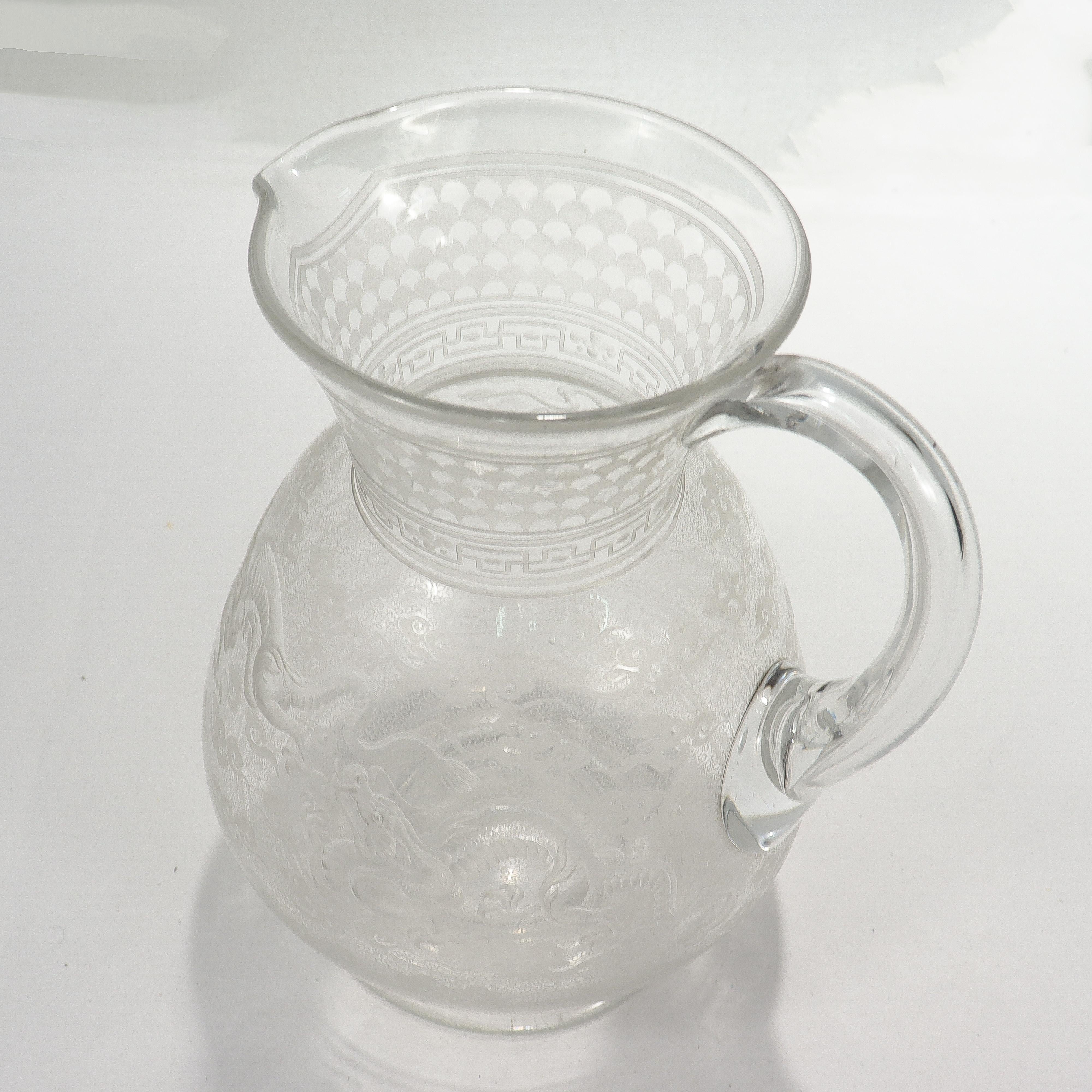 Antique Kny Attributed Stourbridge Engraved Glass Pitcher with Chinese Dragons For Sale 8