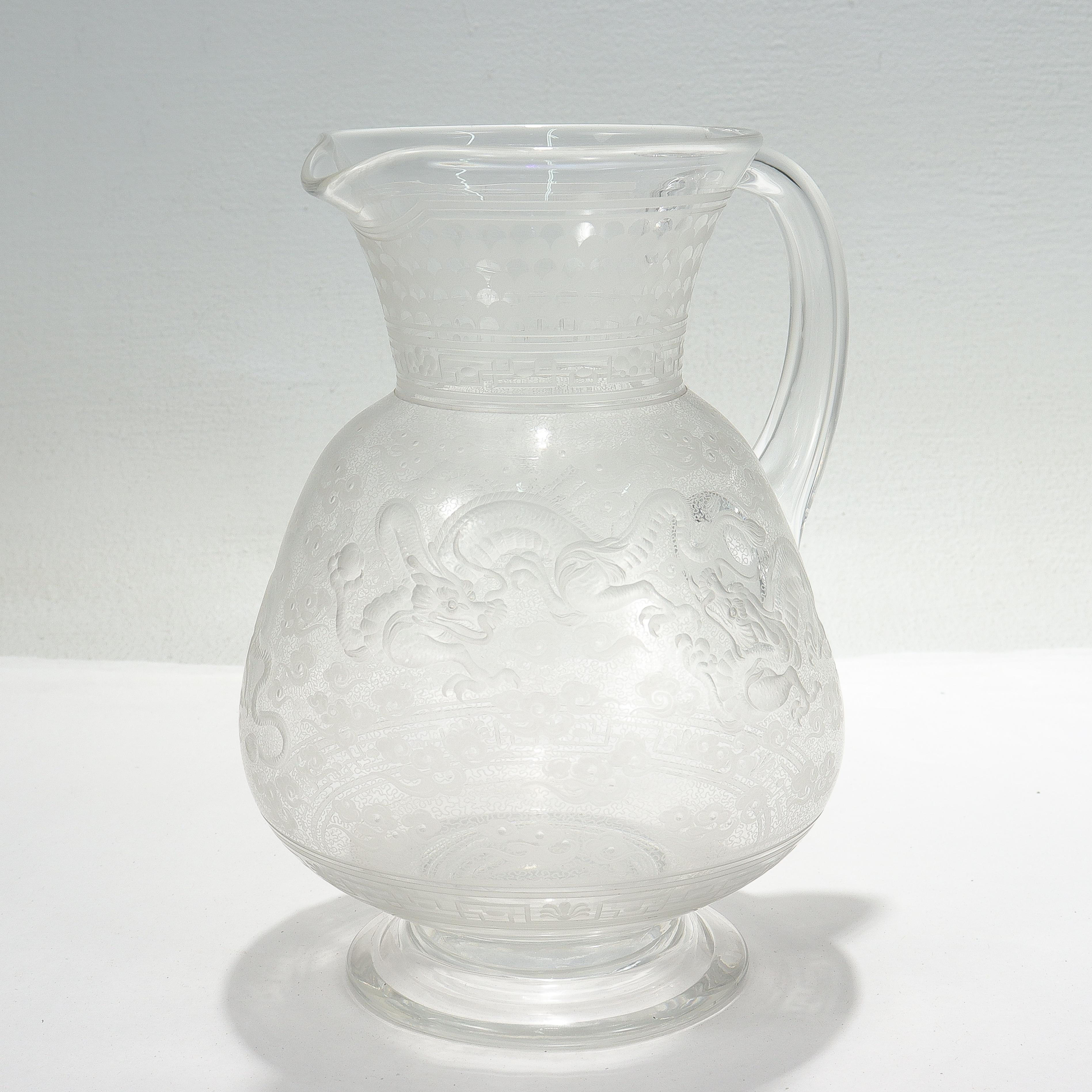 Antique Kny Attributed Stourbridge Engraved Glass Pitcher with Chinese Dragons In Good Condition For Sale In Philadelphia, PA