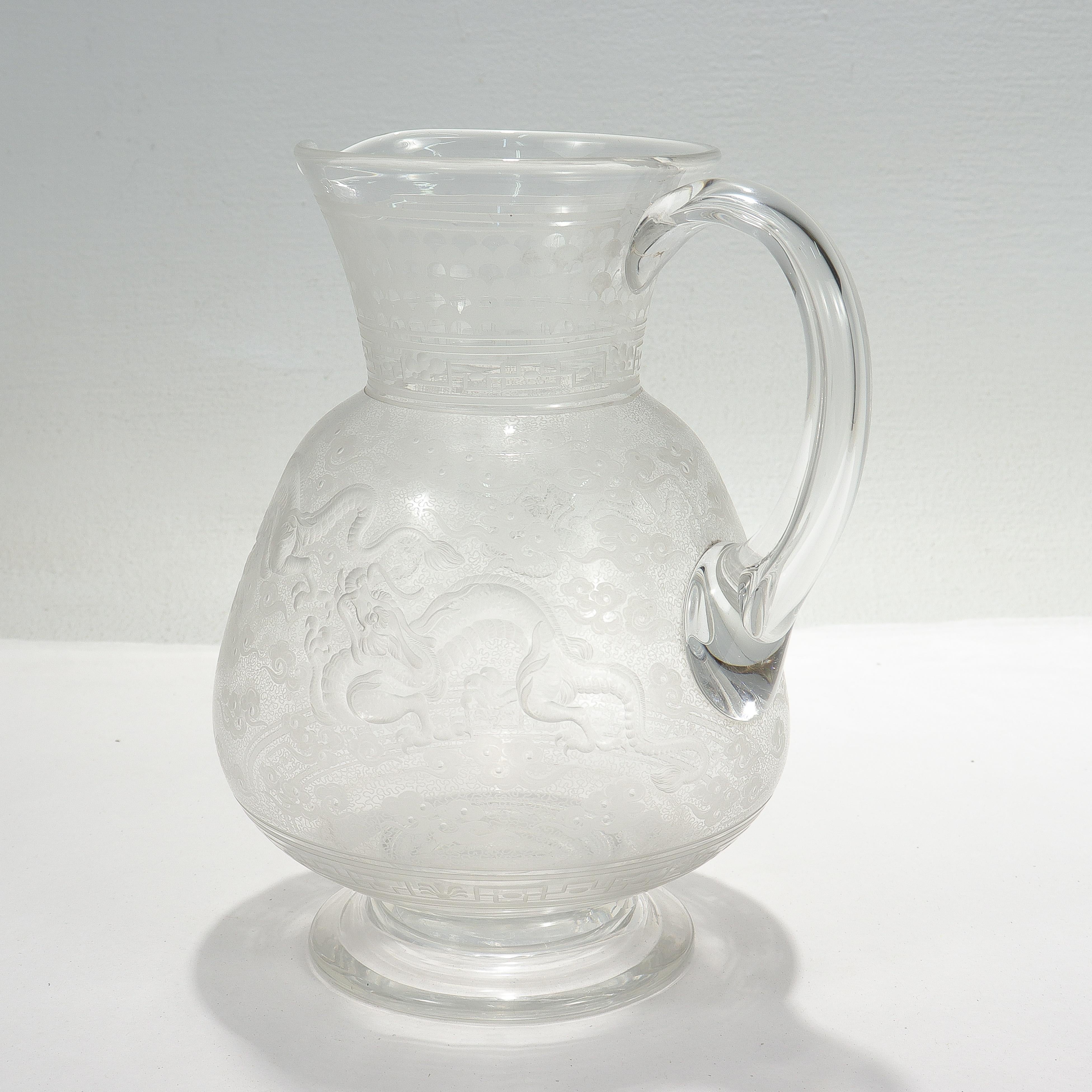 19th Century Antique Kny Attributed Stourbridge Engraved Glass Pitcher with Chinese Dragons For Sale