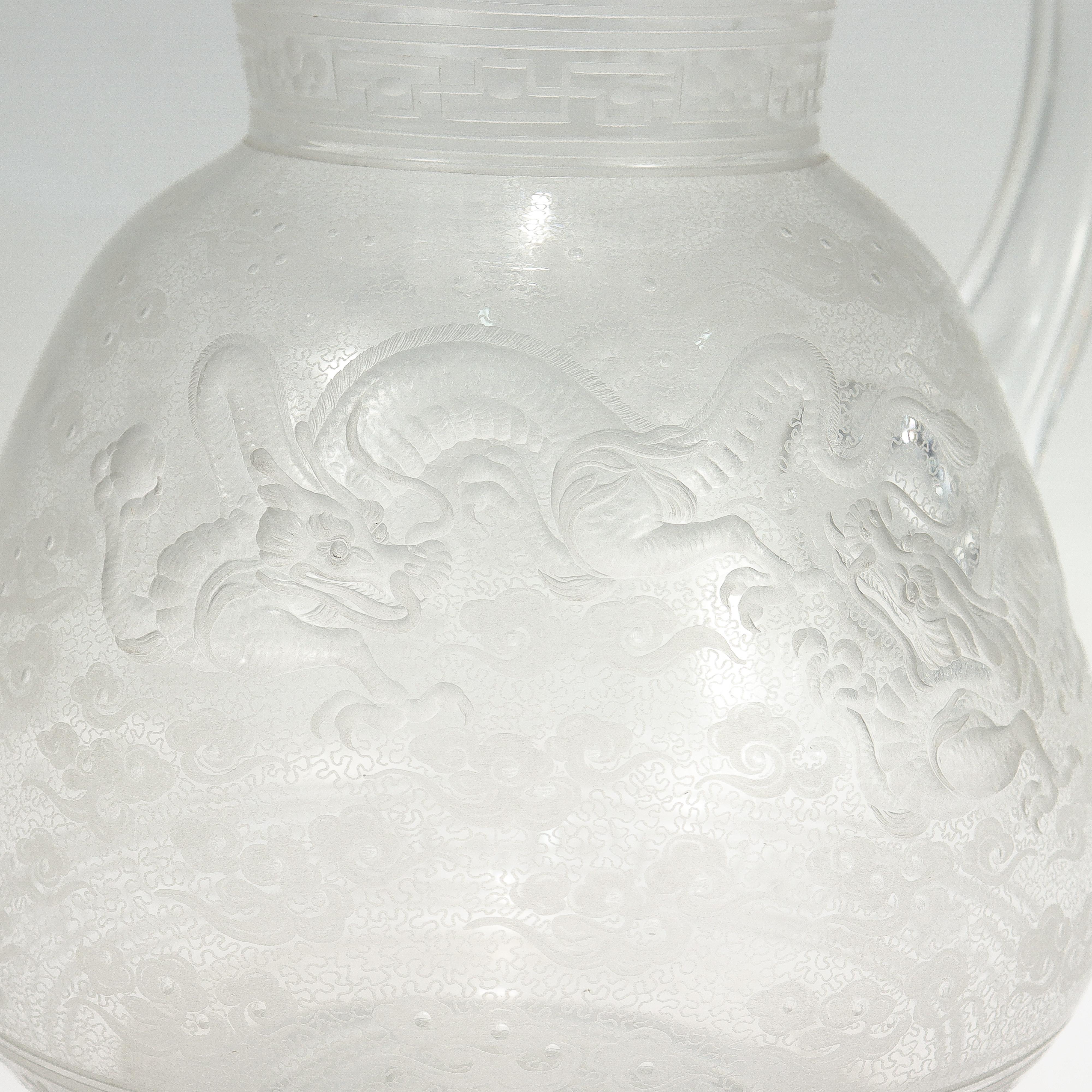 Antique Kny Attributed Stourbridge Engraved Glass Pitcher with Chinese Dragons For Sale 2