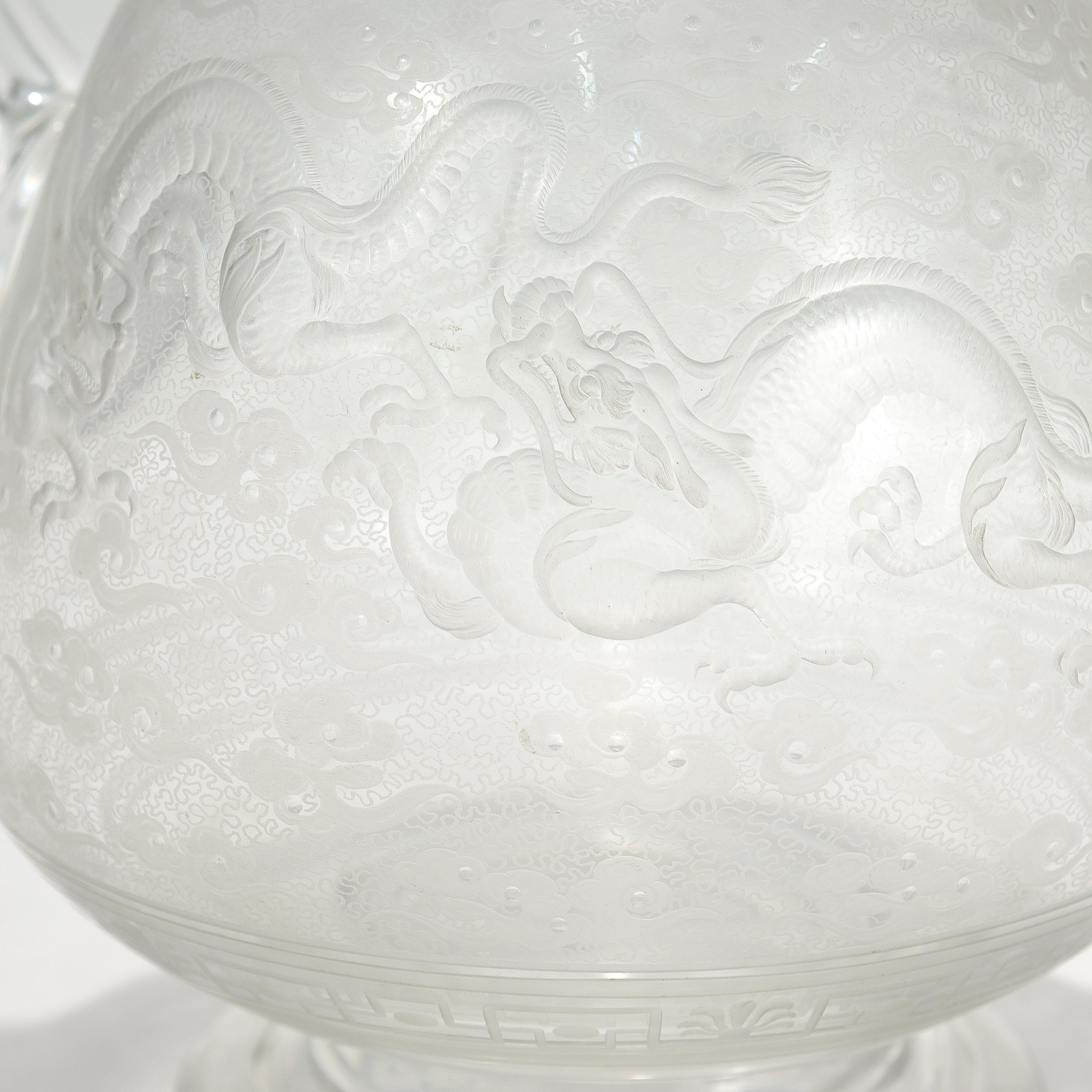 Antique Kny Attributed Stourbridge Engraved Glass Pitcher with Chinese Dragons For Sale 3