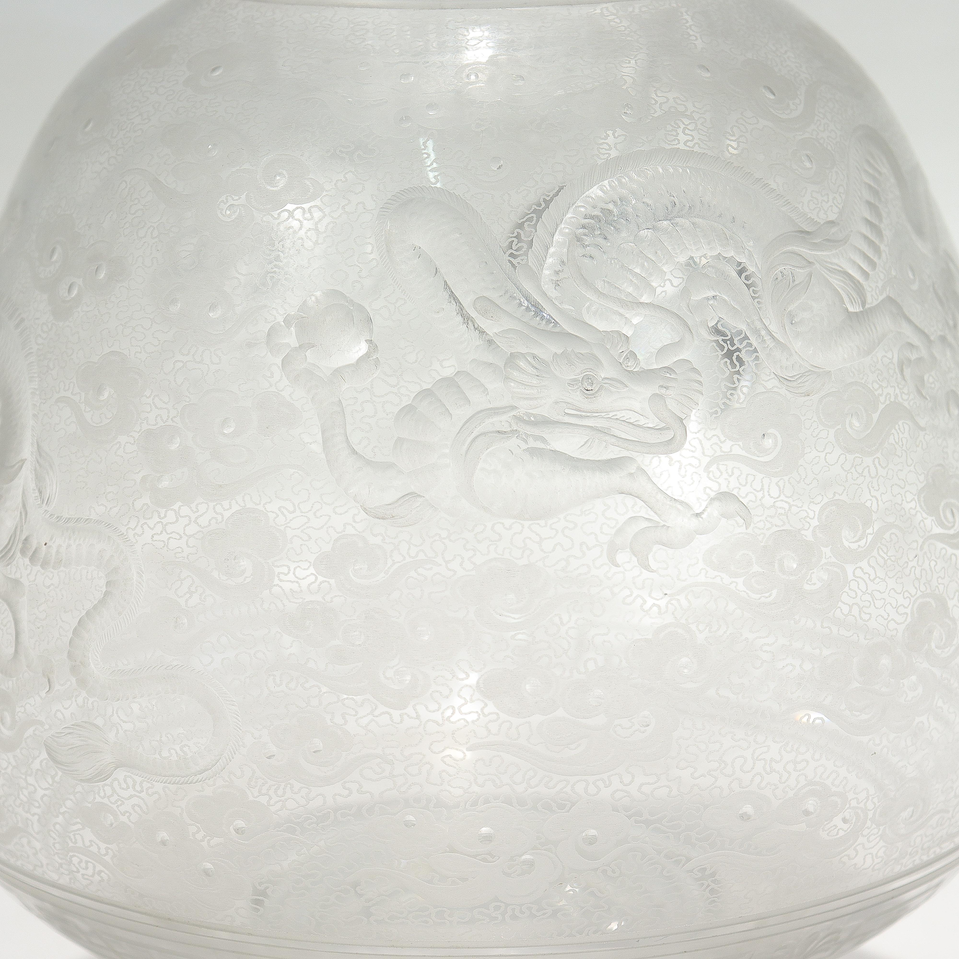 Antique Kny Attributed Stourbridge Engraved Glass Pitcher with Chinese Dragons For Sale 4