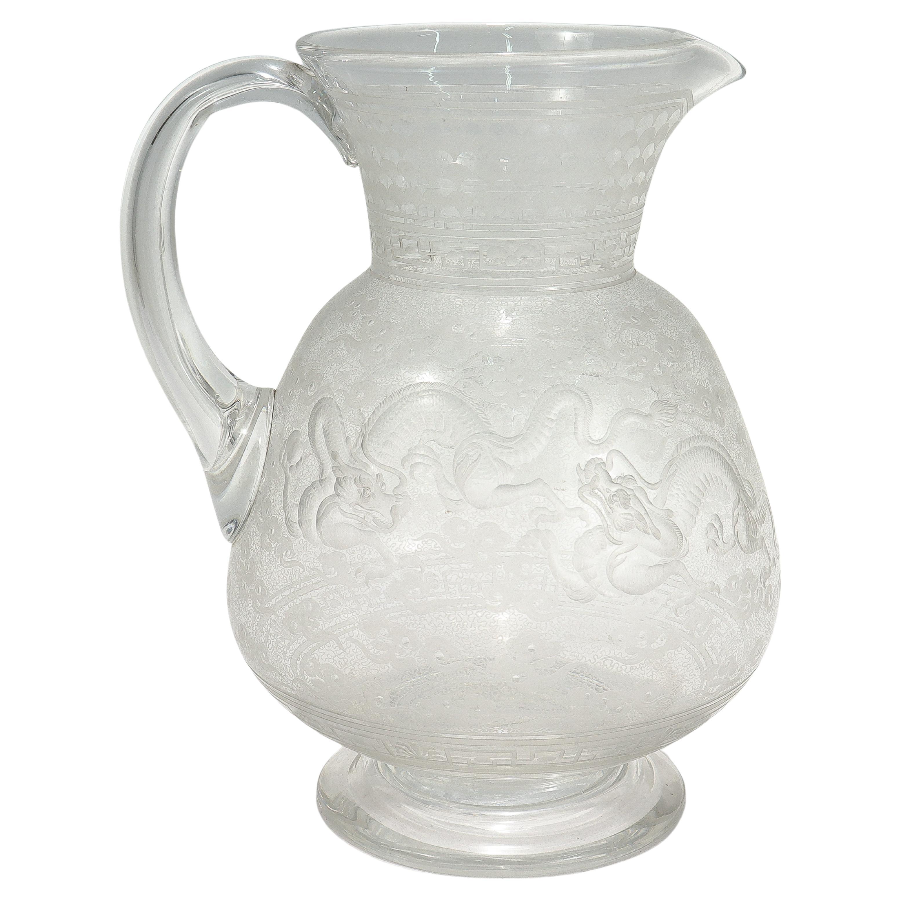 Antique Kny Attributed Stourbridge Engraved Glass Pitcher with Chinese Dragons For Sale
