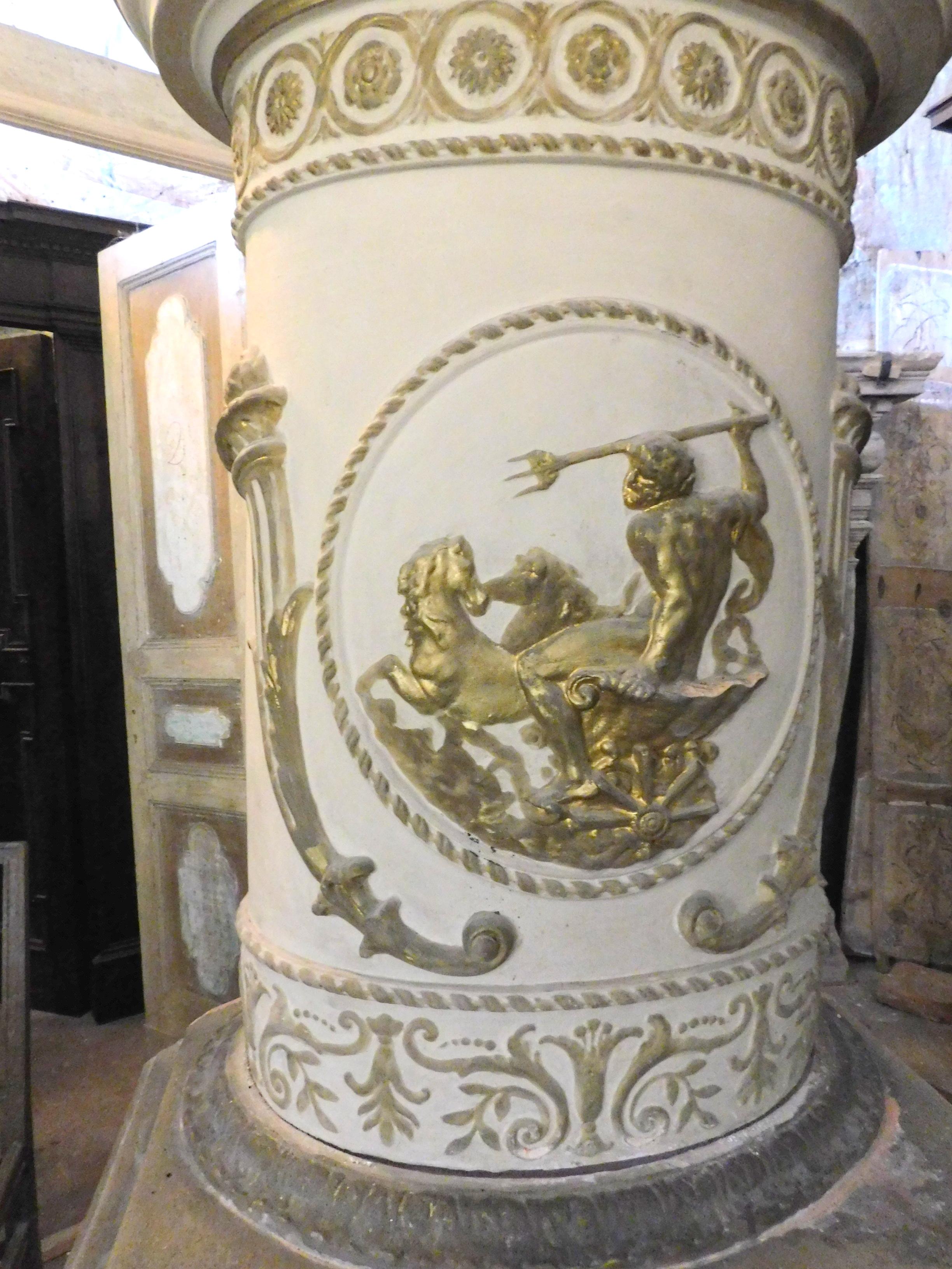 Italian Antique Stove Ceramic White and Gold, Carved Flue, Late 1700 Italy
