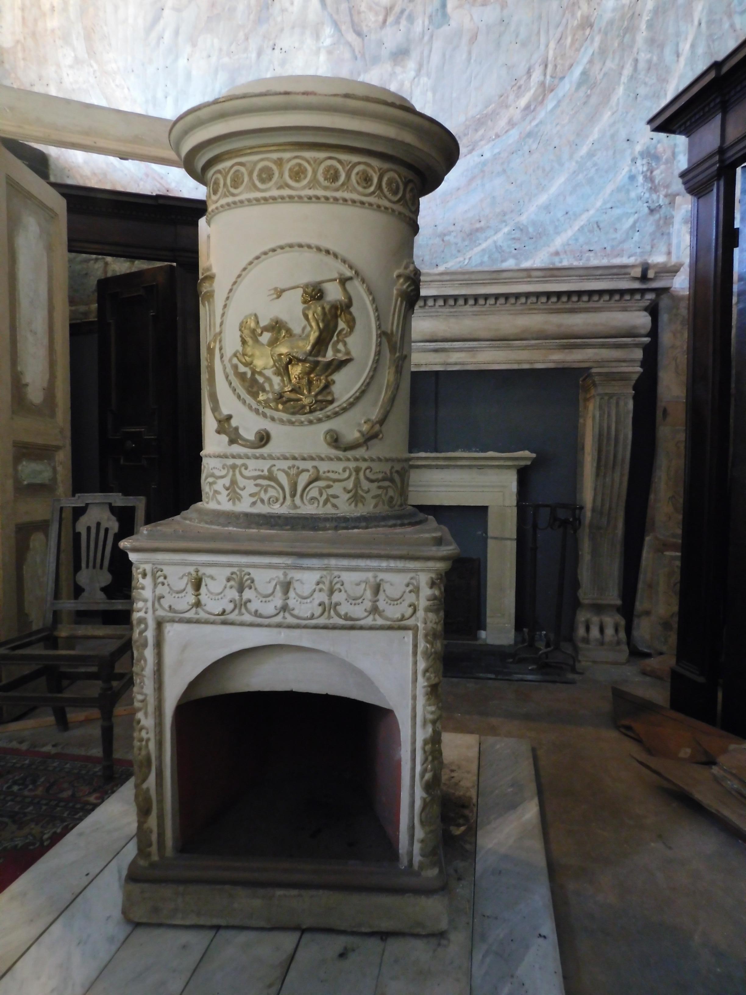 18th Century Antique Stove Ceramic White and Gold, Carved Flue, Late 1700 Italy