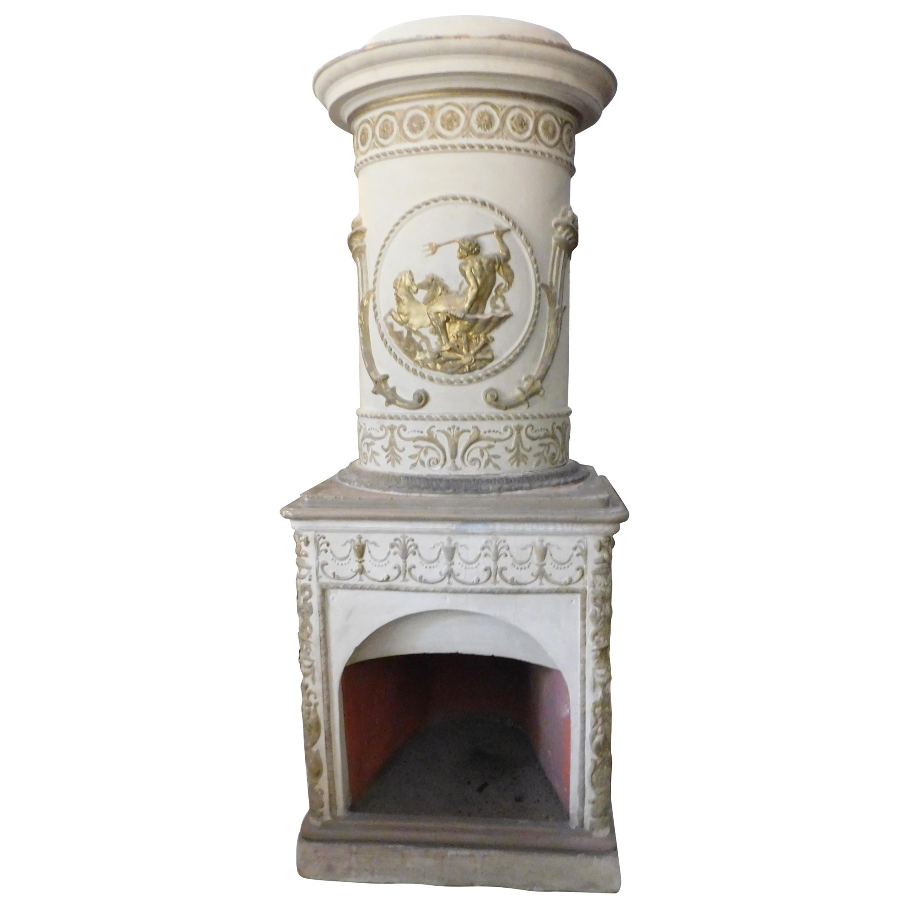 Antique Stove Ceramic White and Gold, Carved Flue, Late 1700 Italy