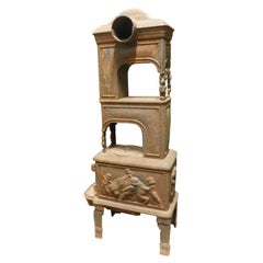 Used Stove in Cast Iron, Wood-Burning, Decor on All Sides Cherubs, 1800