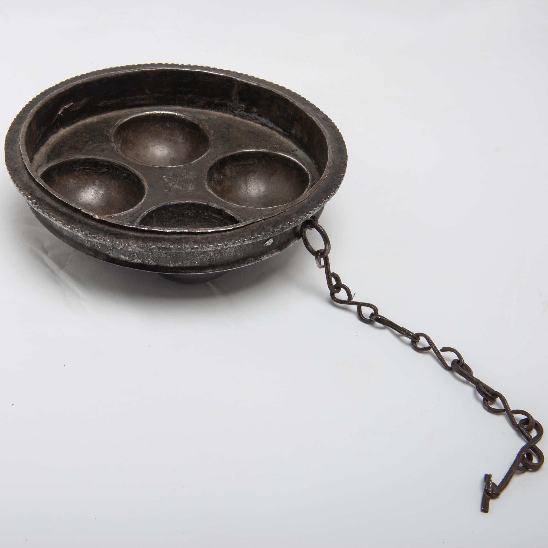 Hand-Crafted Antique Strange Iron Pot with Chain For Sale