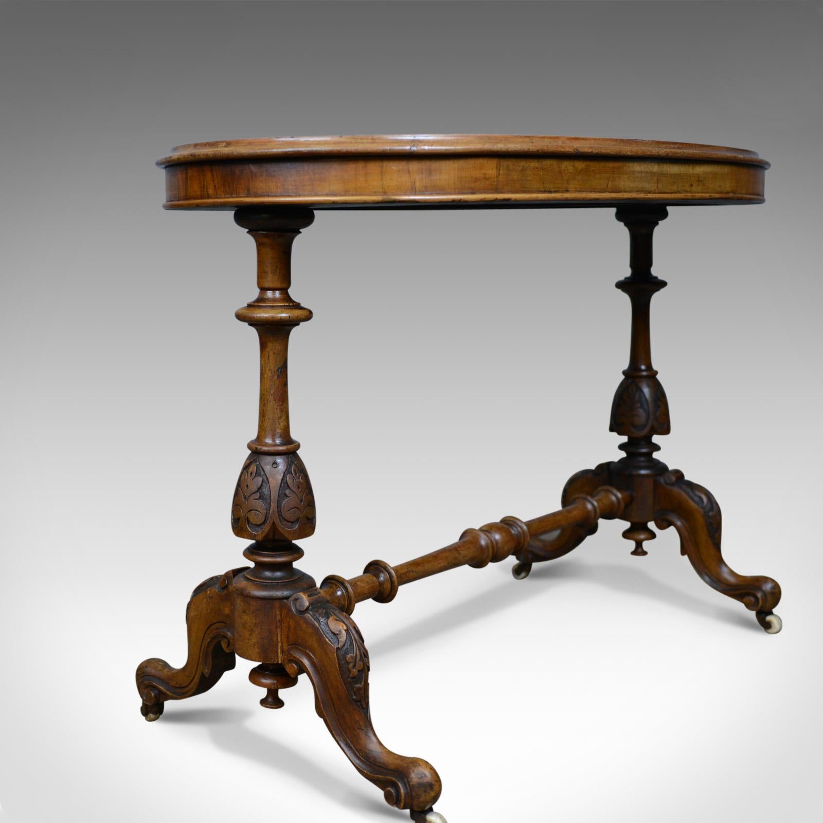 Antique Stretcher Table, Burr Walnut, English, Victorian, Oval, Side, Tea 1