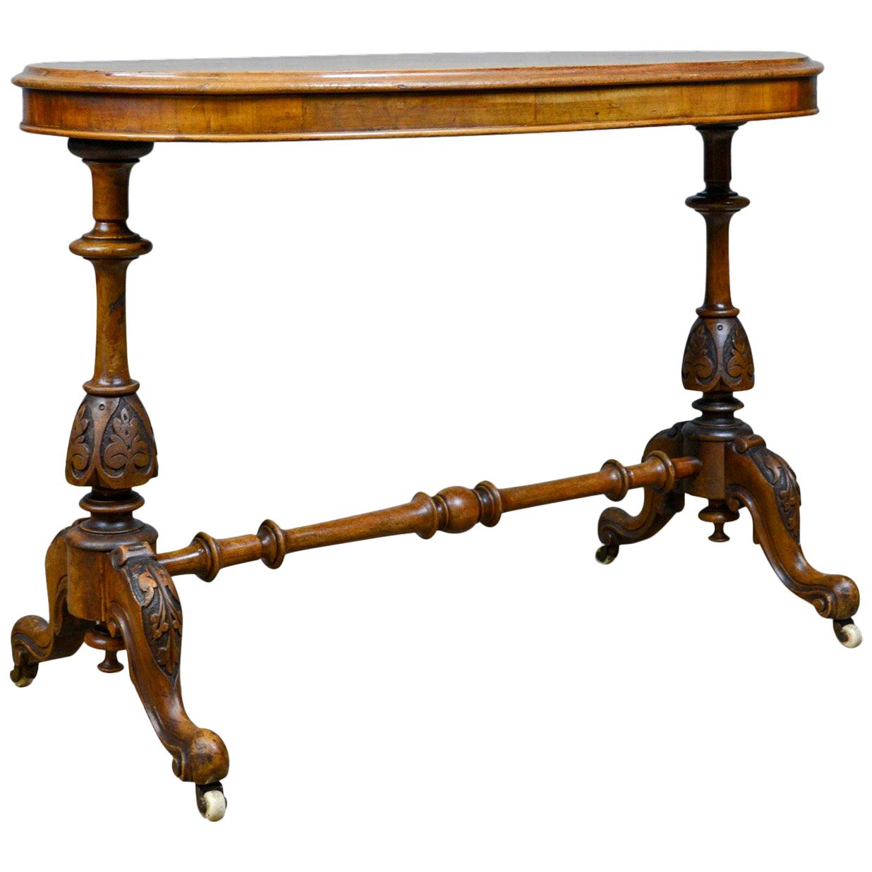 Antique Stretcher Table, Burr Walnut, English, Victorian, Oval, Side, Tea