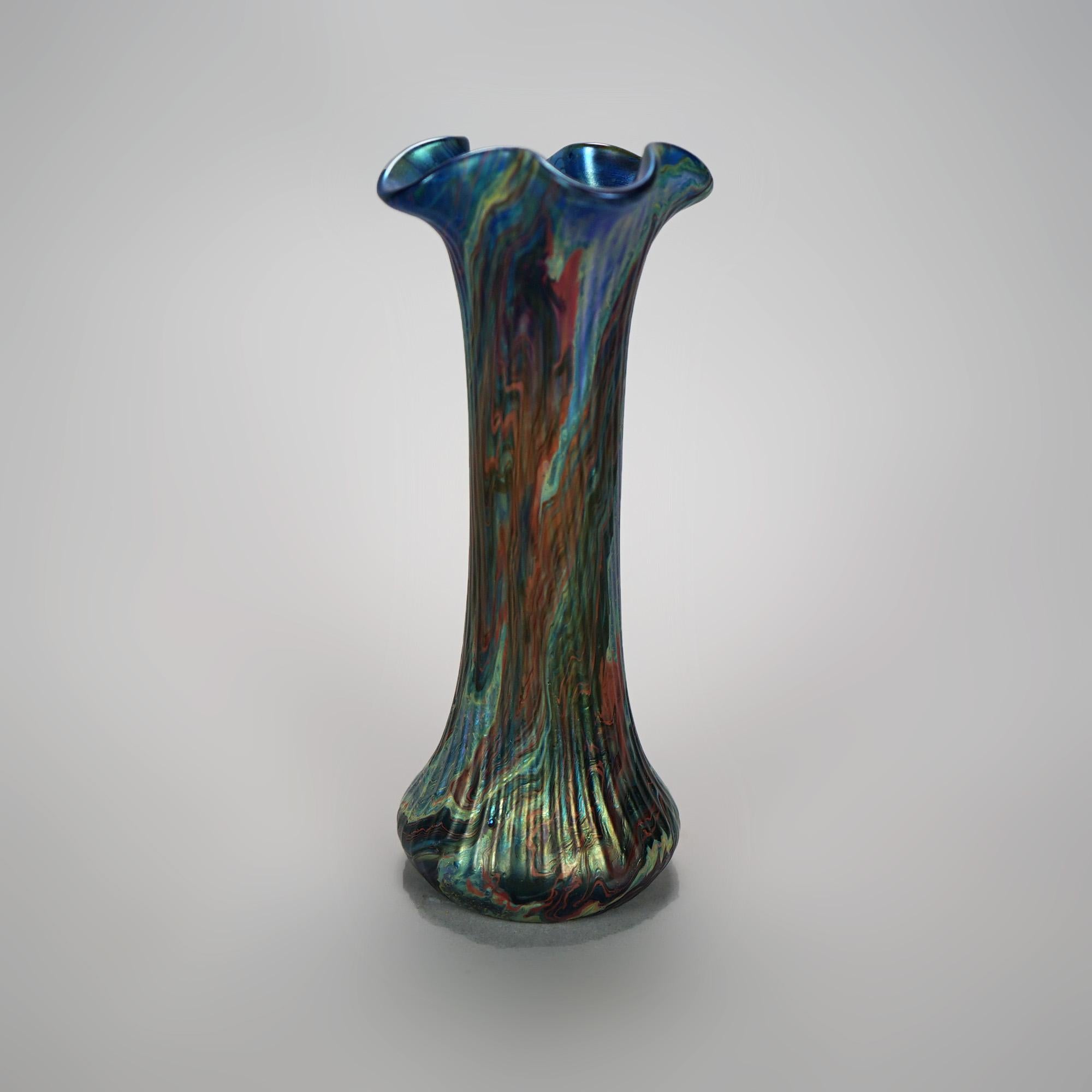 English Antique Striated Ribble Art Glass Vase, Circa 1920