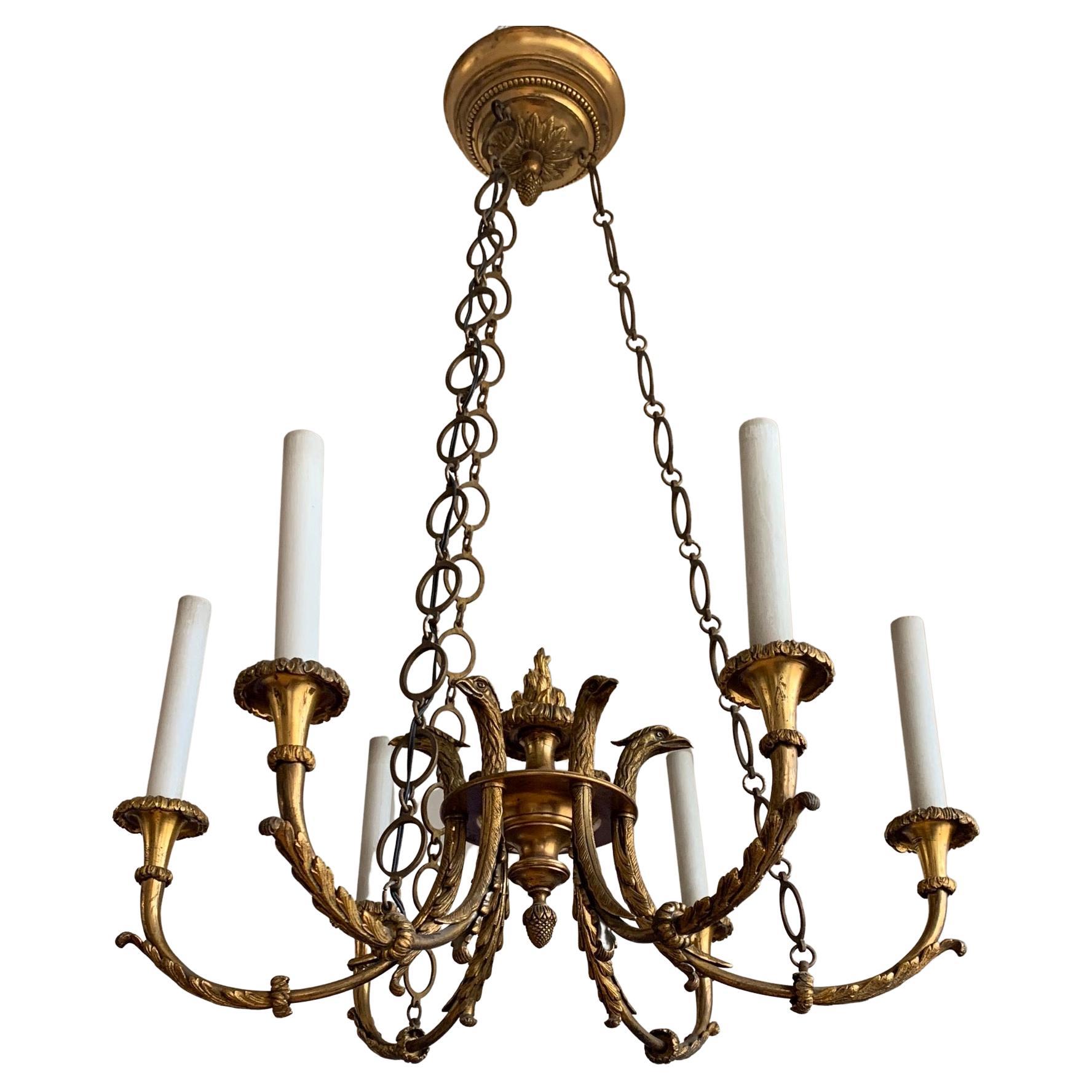 Antique & Striking Empire Revival Gilt Bronze Pendant Light w. Sculptures d'aigle