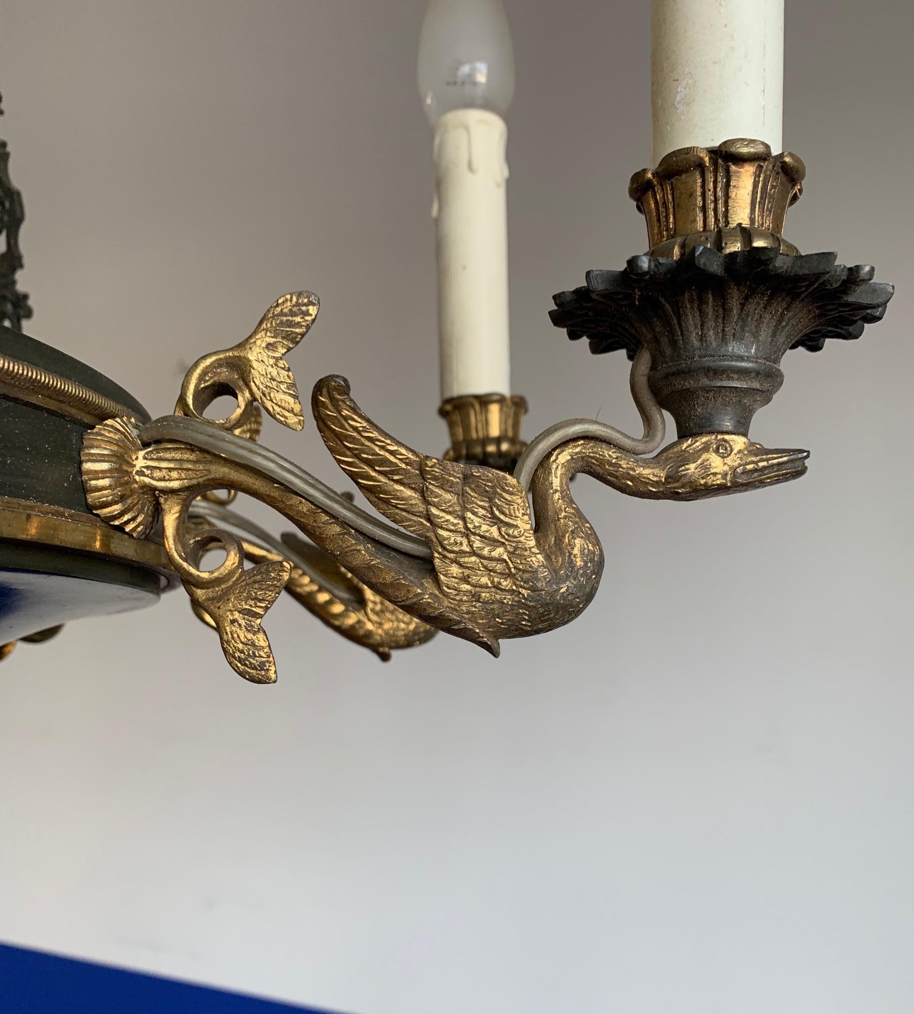Antique & Striking Empire Revival Gilt Bronze Swan Sculptures Pendant Chandelier For Sale 4