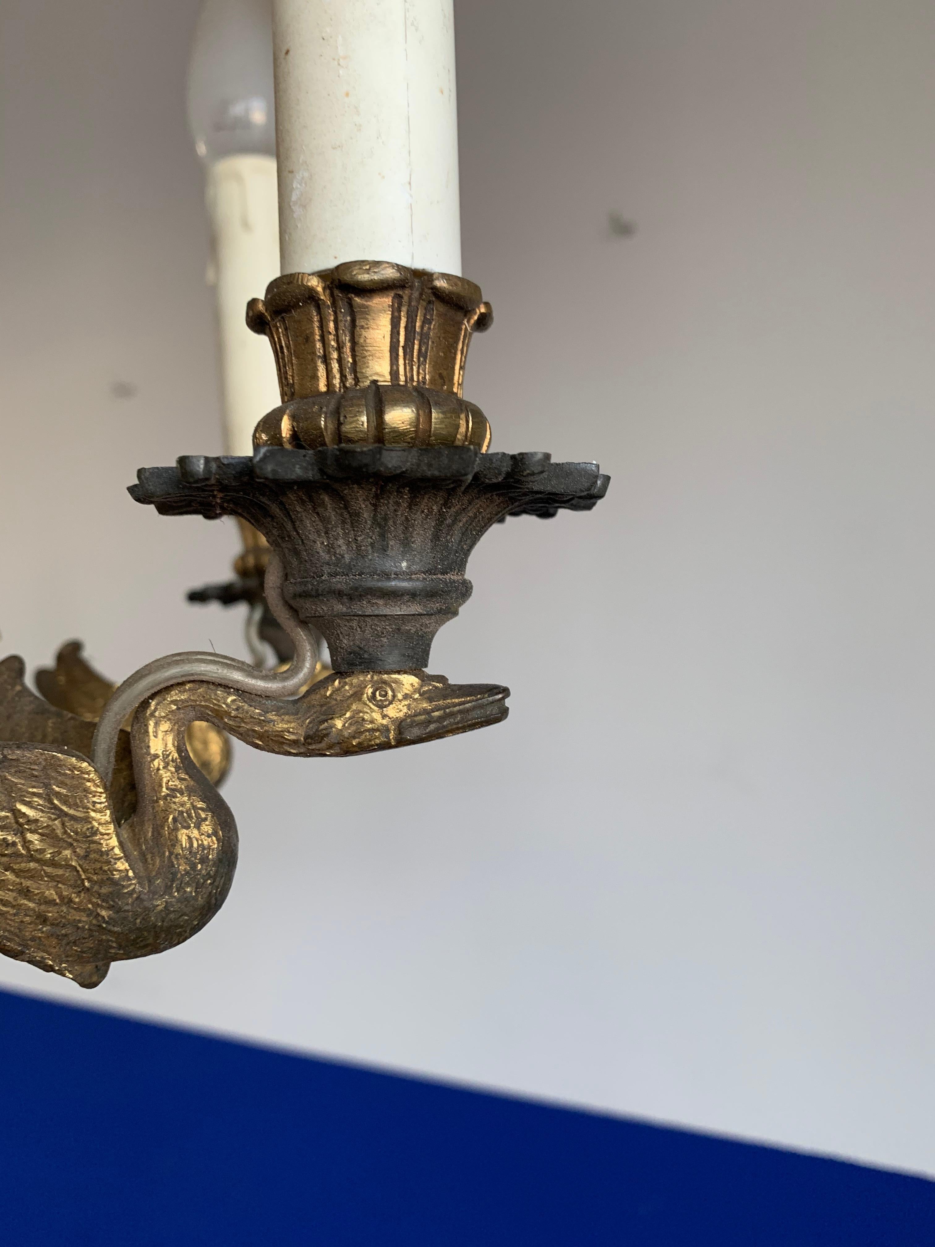 Antique & Striking Empire Revival Gilt Bronze Swan Sculptures Pendant Chandelier For Sale 9