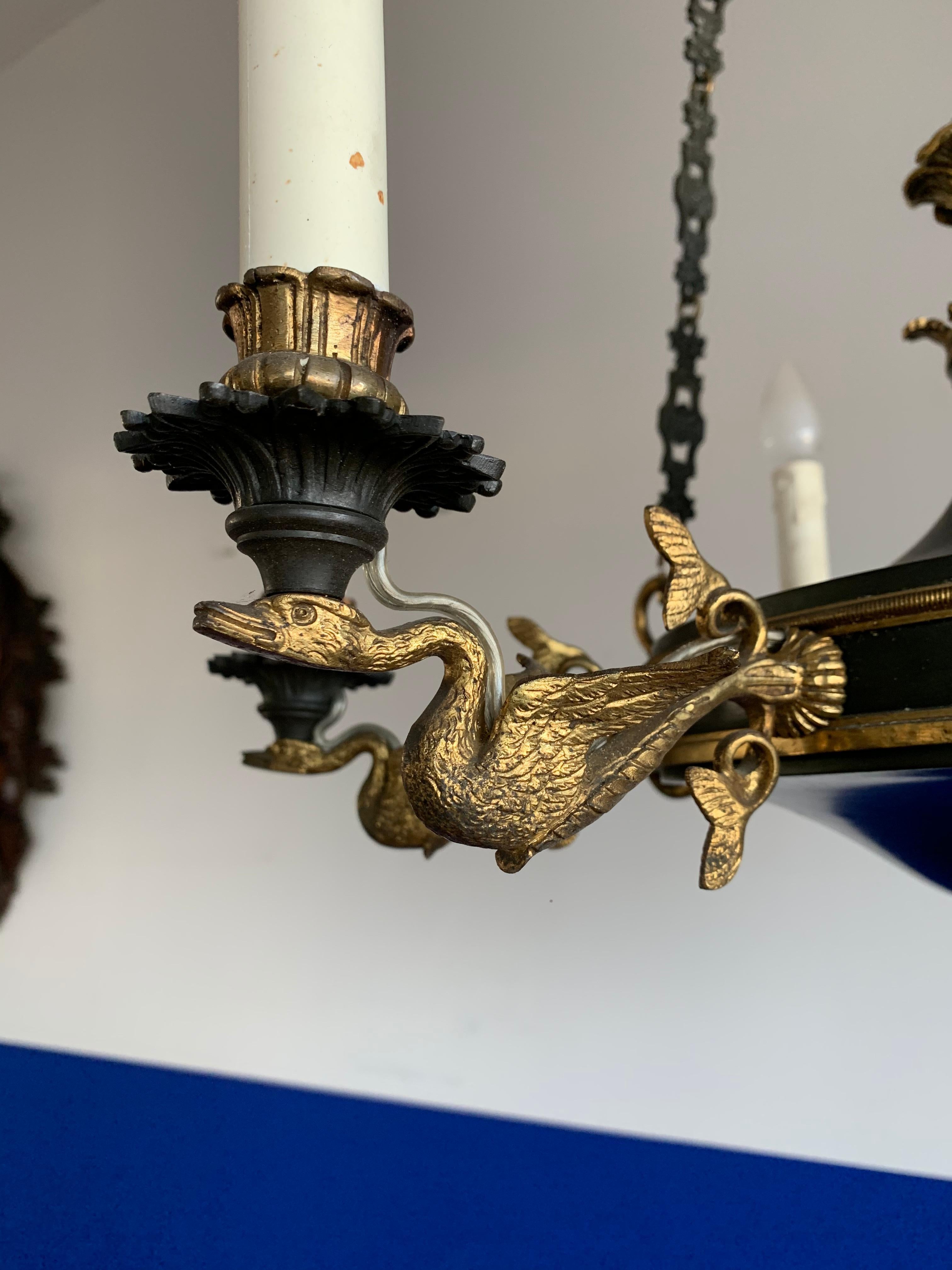 Antique & Striking Empire Revival Gilt Bronze Swan Sculptures Pendant Chandelier For Sale 10