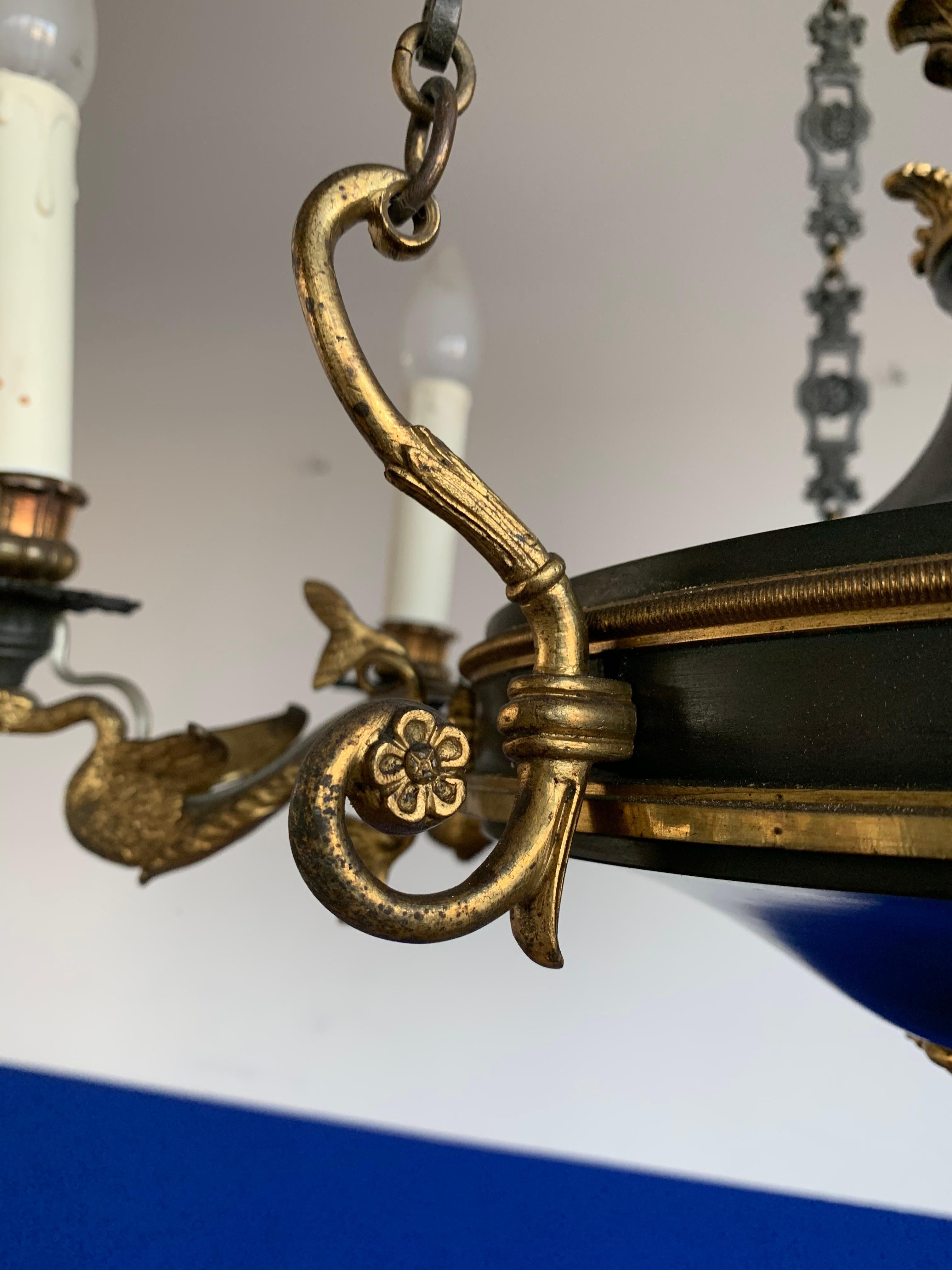 Antique & Striking Empire Revival Gilt Bronze Swan Sculptures Pendant Chandelier For Sale 11