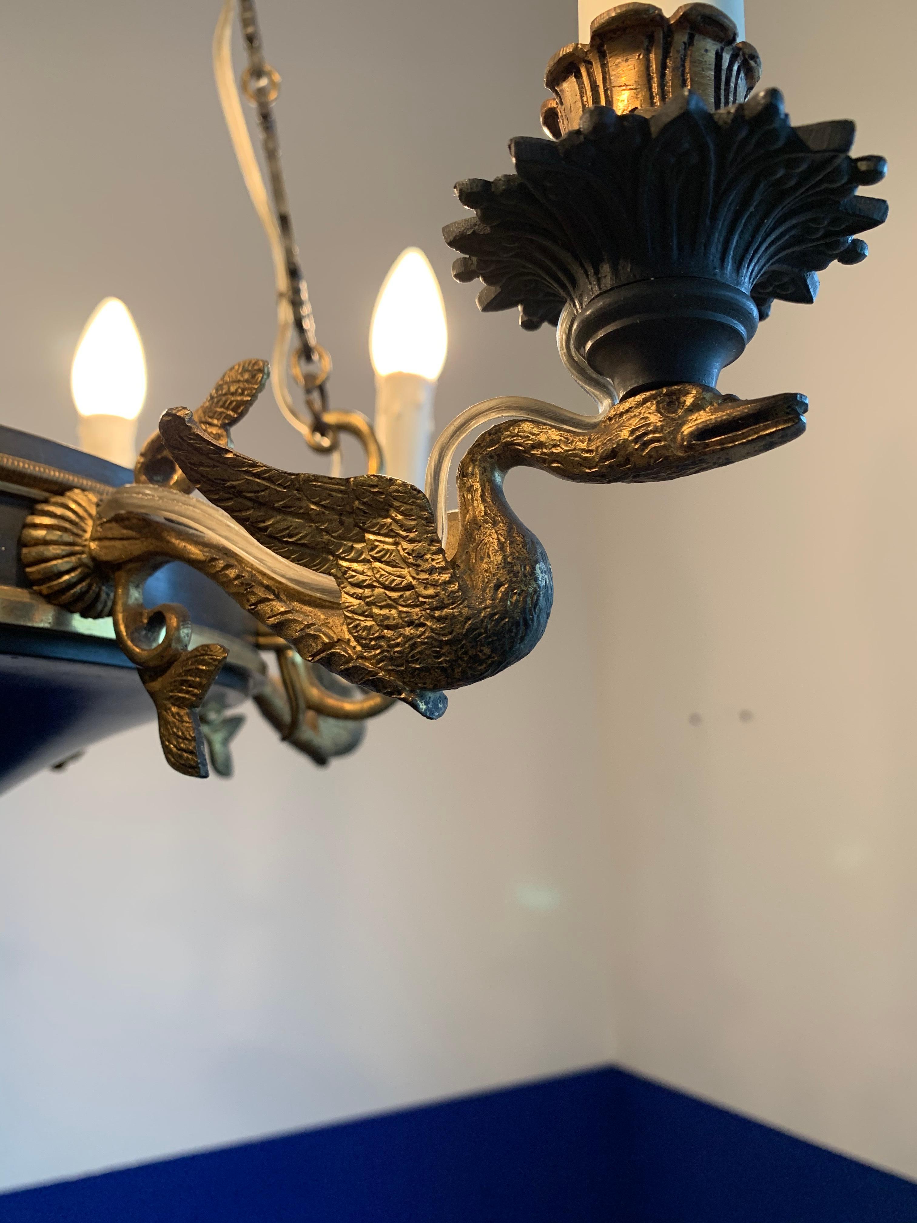 Antique & Striking Empire Revival Gilt Bronze Swan Sculptures Pendant Chandelier For Sale 1