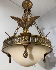 Antique & Striking Empire Style Gilt Bronze and Alabaster Pendant Light Fixture
