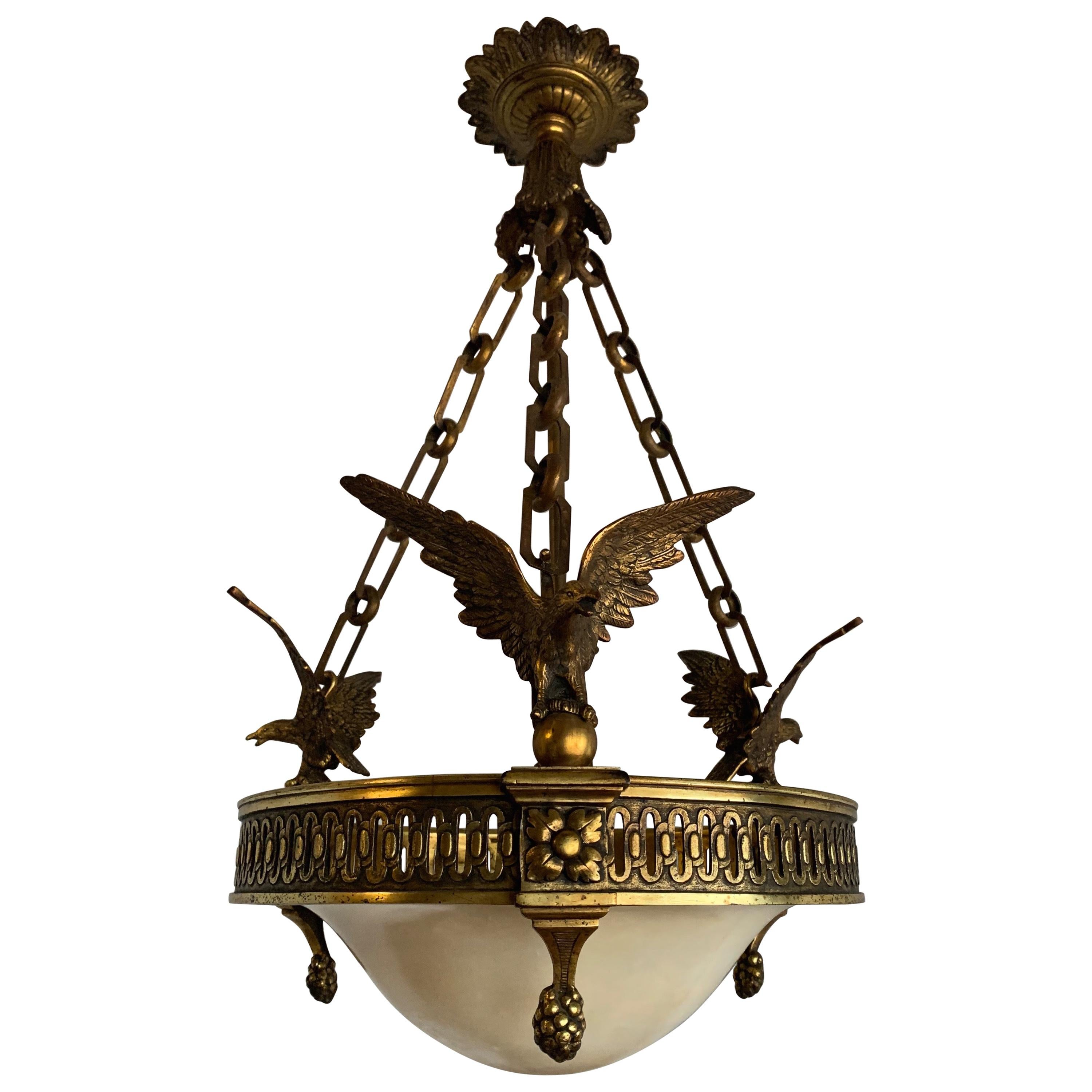 Antique 
Striking Empire Style Gilt Bronze and Alabaster Pendant Light Fixture