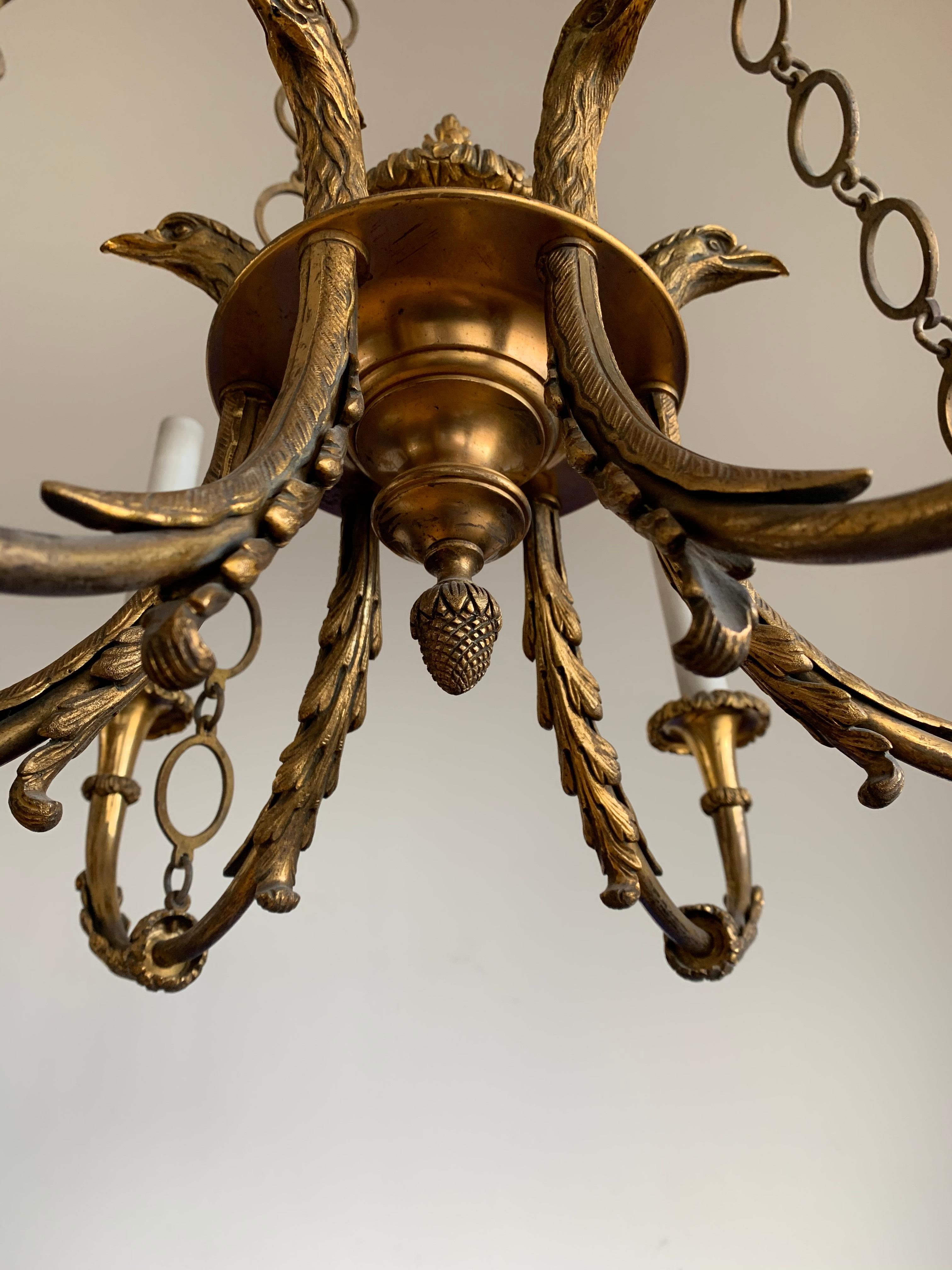 Antique & Striking Empire Revival Gilt Bronze Pendant Light w. Eagle Sculptures For Sale 4