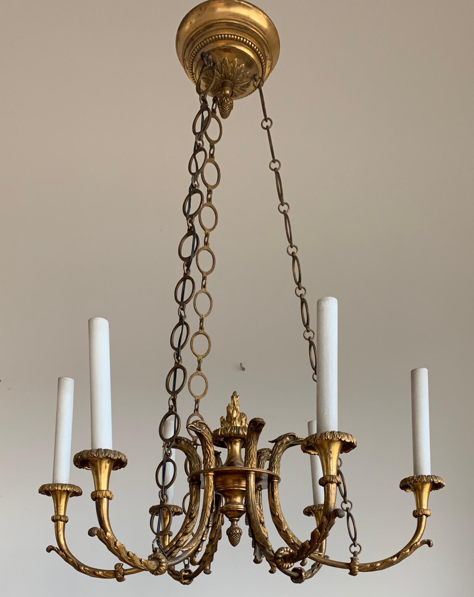Antique & Striking Empire Revival Gilt Bronze Pendant Light w. Eagle Sculptures For Sale 8