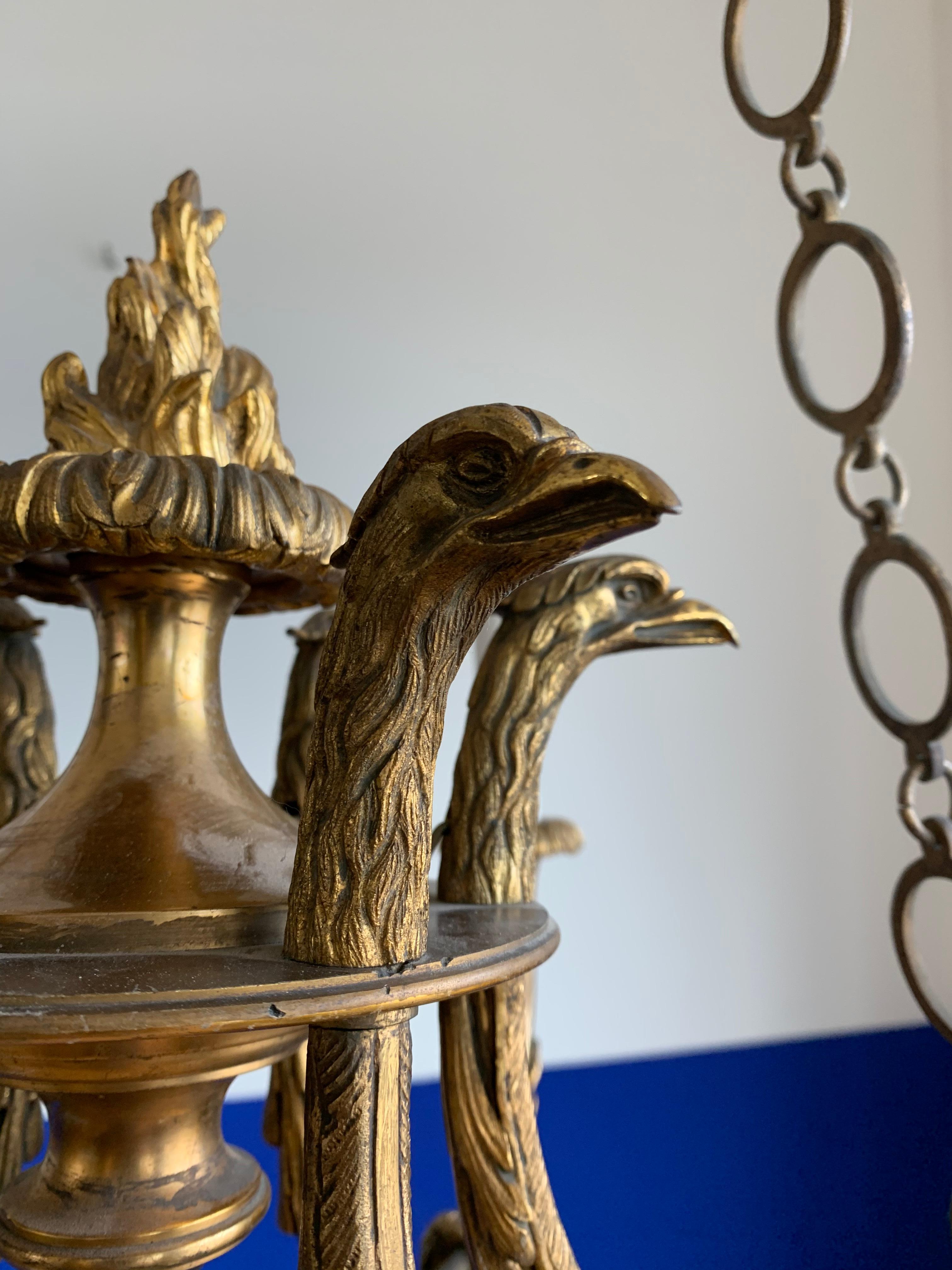 Antique & Striking Empire Revival Gilt Bronze Pendant Light w. Eagle Sculptures For Sale 12