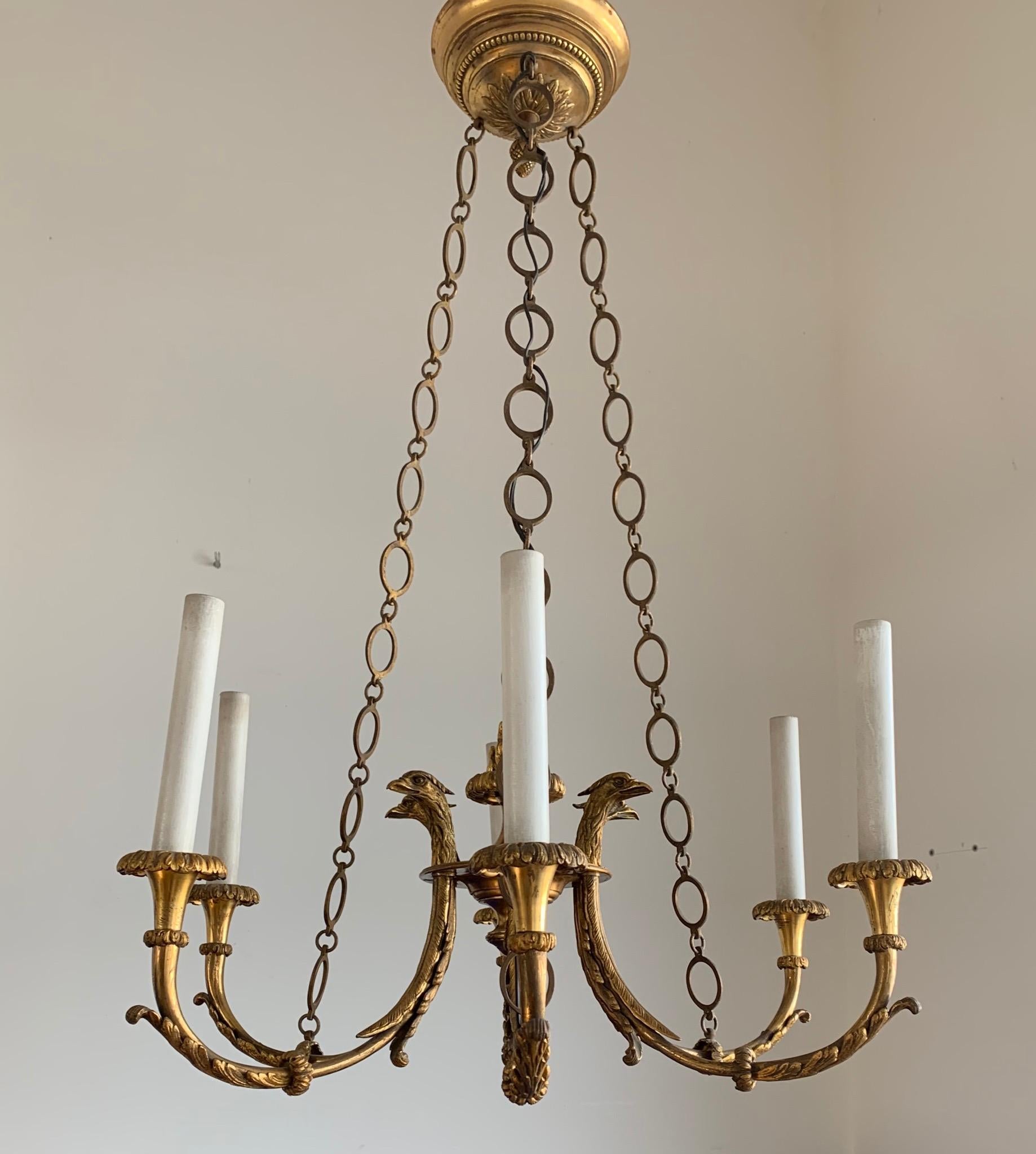 Antique & Striking Empire Revival Gilt Bronze Pendant Light w. Eagle Sculptures For Sale 13